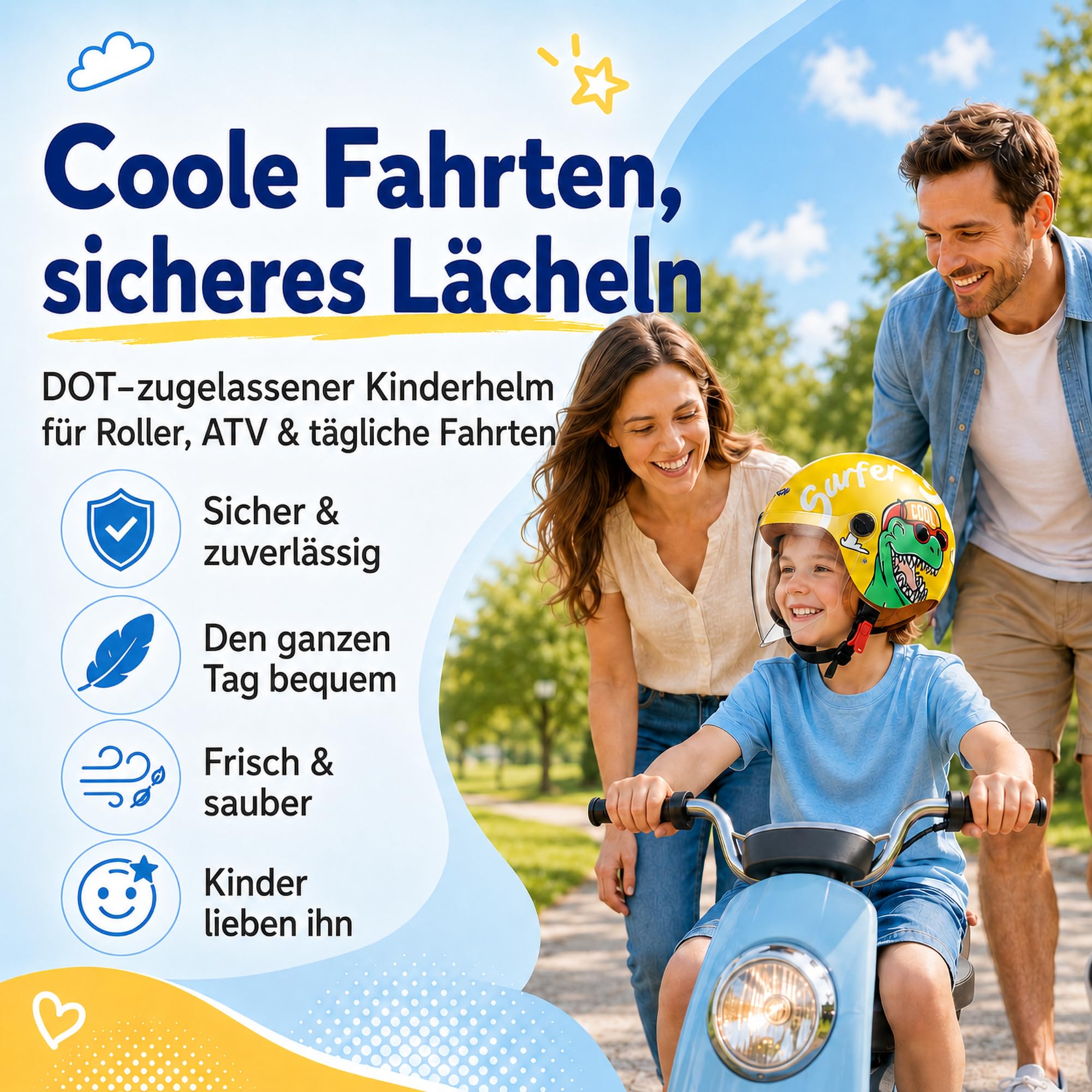 FREEUP Motorradhelm Kinder Mädchen Junge, Kid Jet Helm mit Visier, Dinosaurier Mofa Helm Kids Scooter Fahrradhelm, Schnellverschluss, Herausnehmbar, Waschbar, 48-55cm, Gelb