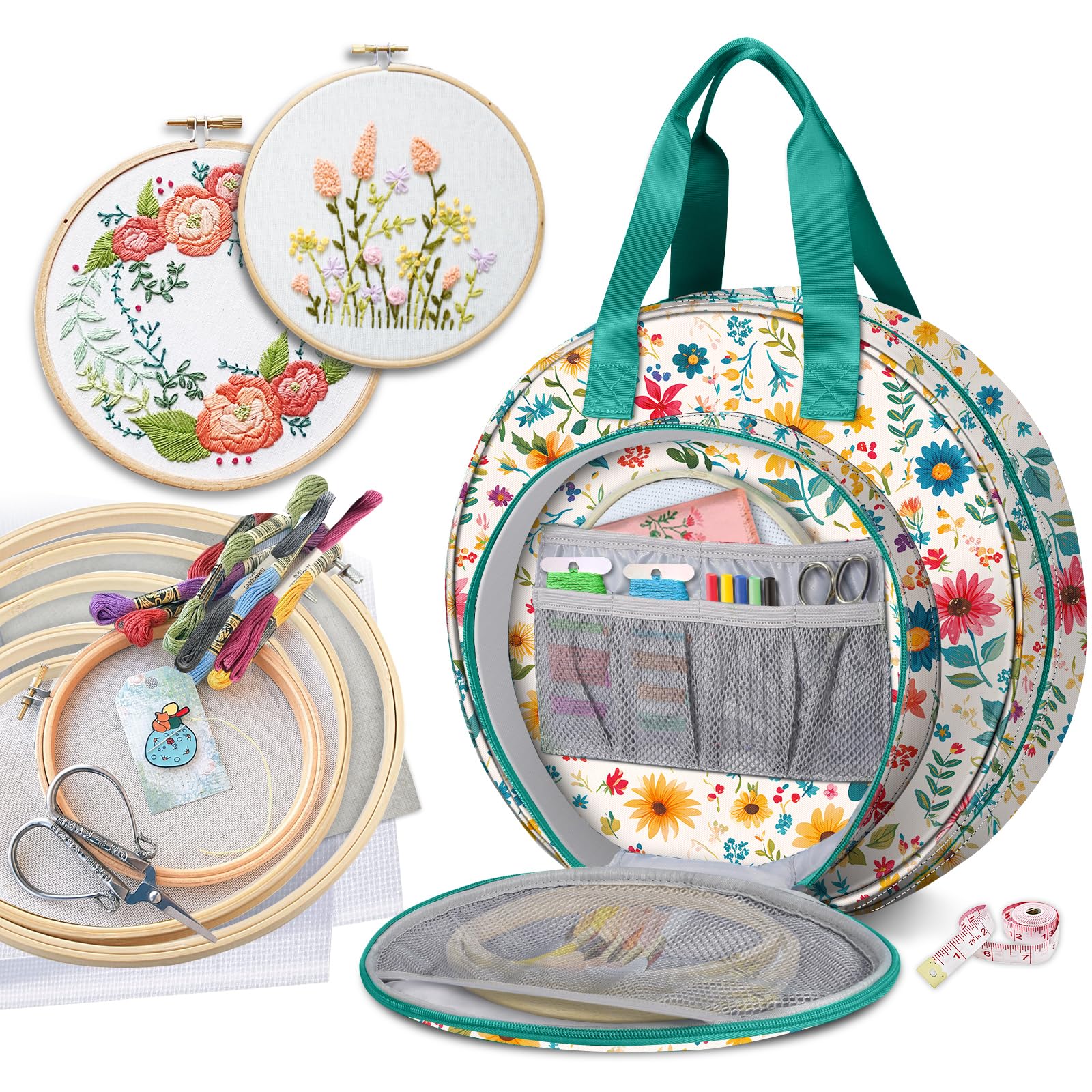 FINPAC Sac de Transport pour projets de Broderie, Fournitures de Broderie avec Plusieurs Poches pour Fil à Broder, cerceaux à Broder, Fils, kit d'outils de Couture [Sac Uniquement]