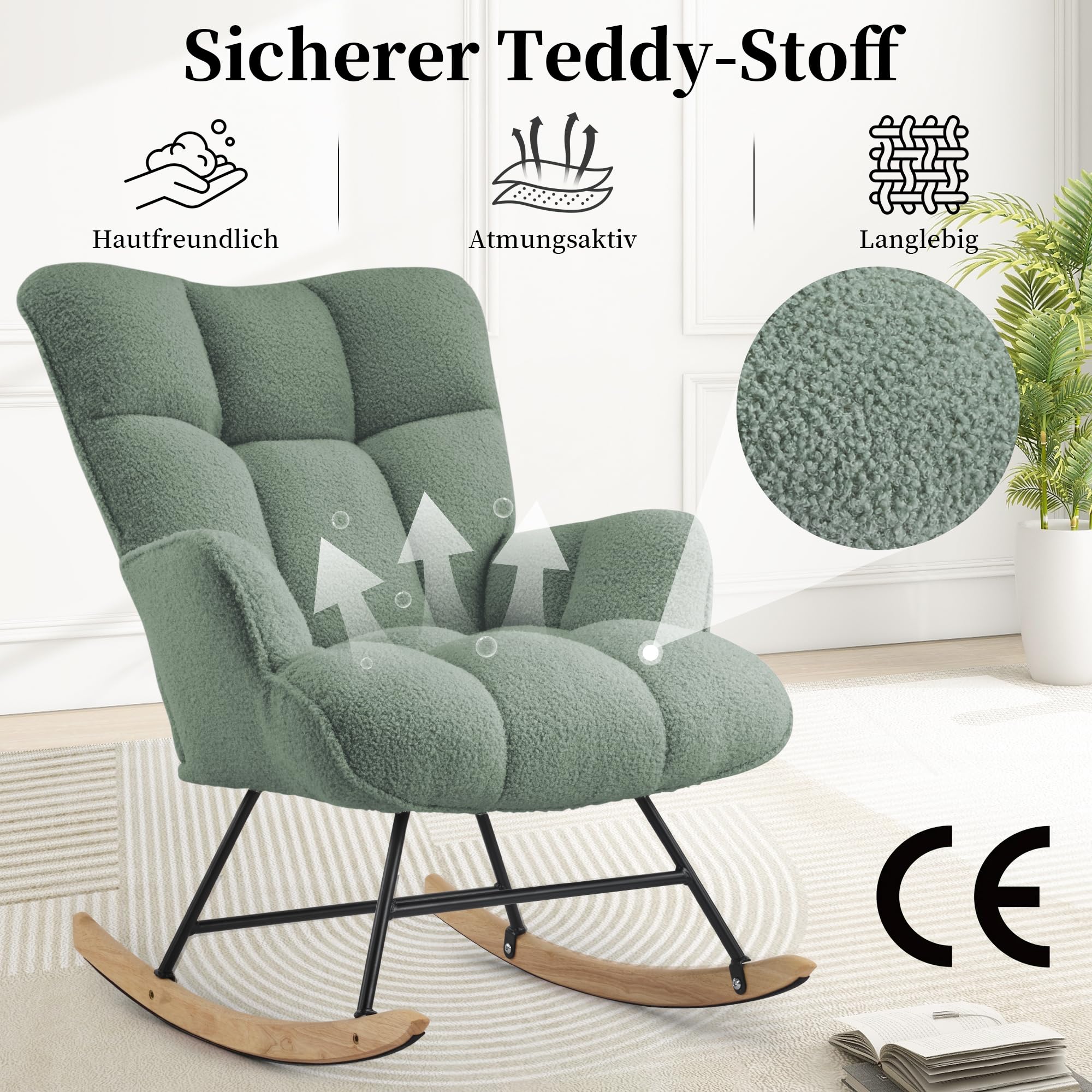 Schaukelstuhl, Teddy-Stillsessel fürs Babyzimmer, Grün | Teddy-Polstersessel für Stillzeit, Lesen und Entspannen, bis 150 kg belastbar, für Babyzimmer, Wohn- und Schlafzimmer