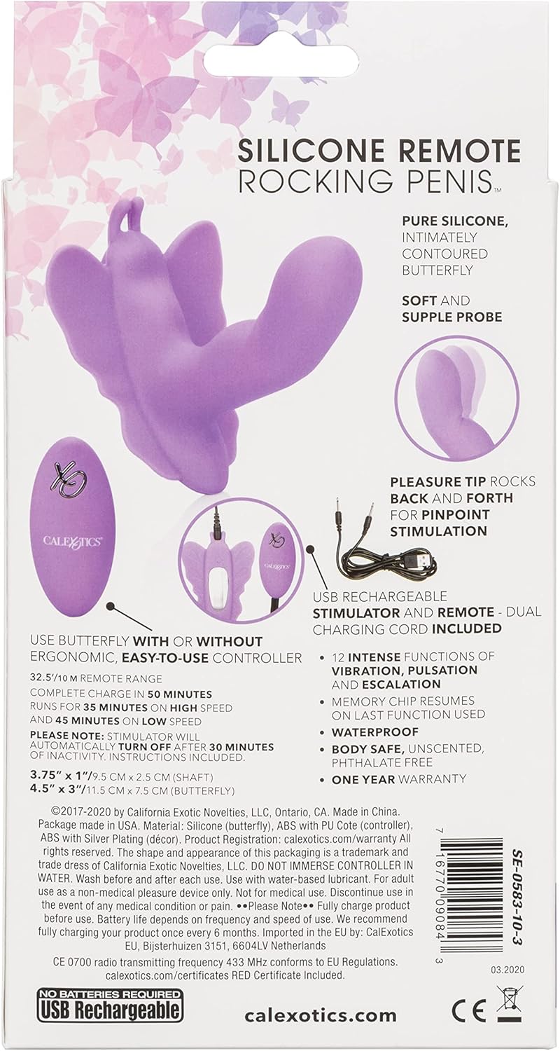 CalExotics Venus Butterfly Silicone Remote Rocking Penis – Hands Free Strap On Personal Massager Probe with Controller – Waterproof Adult Vibrator Sex Toy for Couples - Purple
