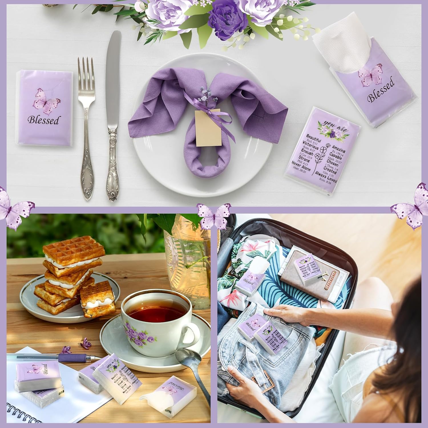 Harloon 50 Pack Christian Facial Pocket Tissues Purple Butterfly Travel Tissues Packs Religious Small Individual 3 Ply Gift for Wedding Travelling Graduation Party Supplies, 7 Sheets Per Pack - Image 5