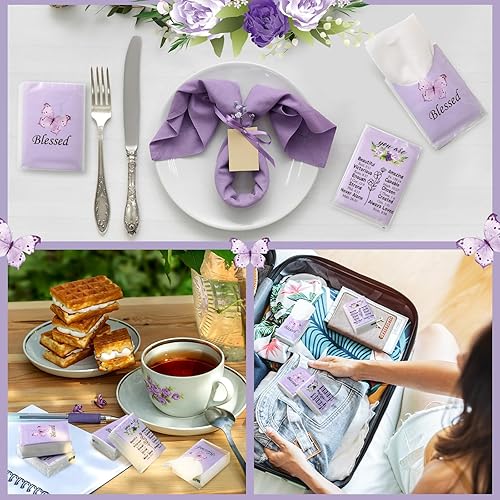 Miniatura 5 de Harloon 100 paquetes de pañuelos faciales cristianos de mariposa púrpura en tamaño de billetera de bolsillo, pañuelos de viaje de 3 capas