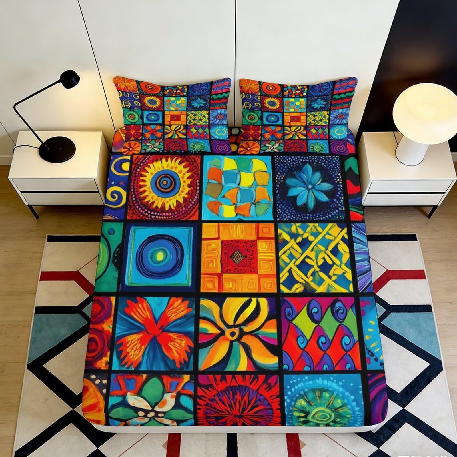 3D Printed Colorful Abstract Mosaic Fitted Sheet Microfiber Soft Breathable Geometric Art Mattress Cover for Bedroom Dorm 90x200x25cm