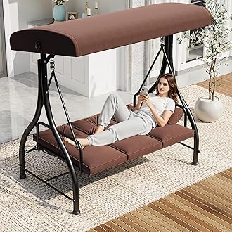 Porch Swing Chair with Adjustable Backrest&Canopy, 3 Seat Patio Swing with Canopy 2-in-1 Convertible Outdoor Swing with Canopy Patio Daybed with Removable Brown Cushions for Adults