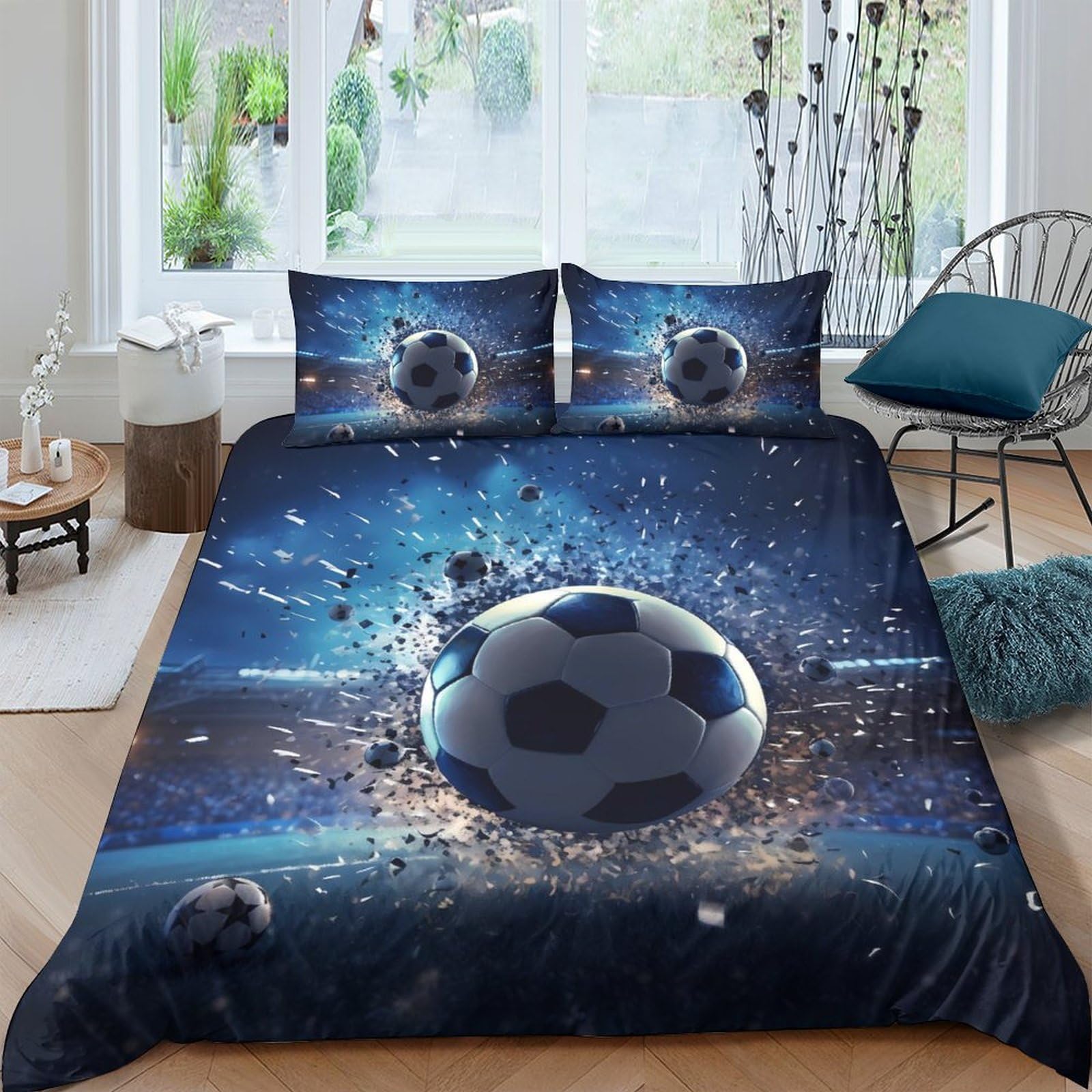 Ctjqhvkz Style-9 3D Printed Football Splash Fitted Sheet Microfiber Soft Non-Slip Blue Soccer Bed Sheet For Bedroom Guest Room Single（135X200cm）