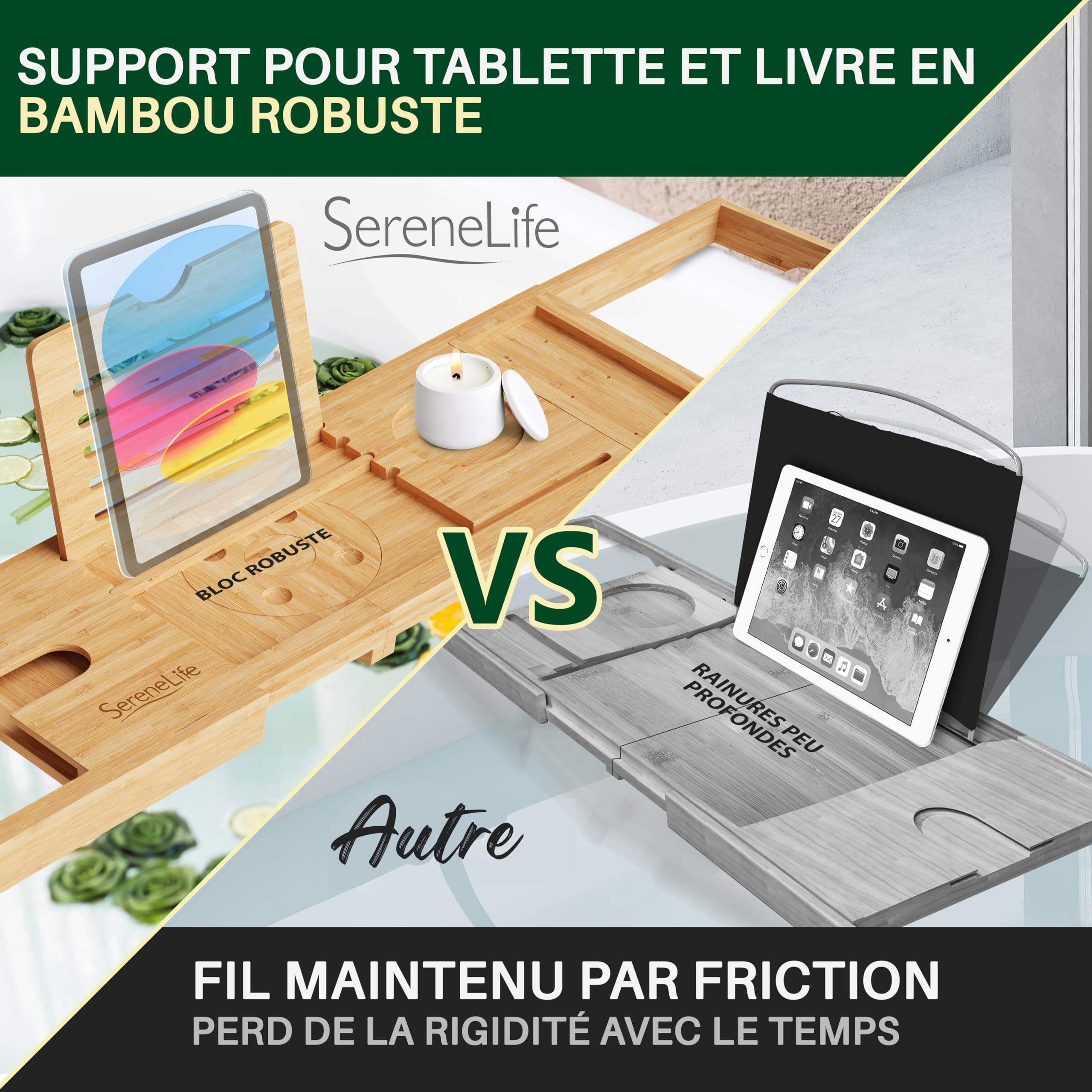 SereneLife Plateau Baignoire - en Bambou avec Design Pliable et Verrouillable-Plateau Salle de Bain Extensible de 76 cm à 109 cm-Charnières Pliantes pour Un Rangement Facile-Planche de Bain
