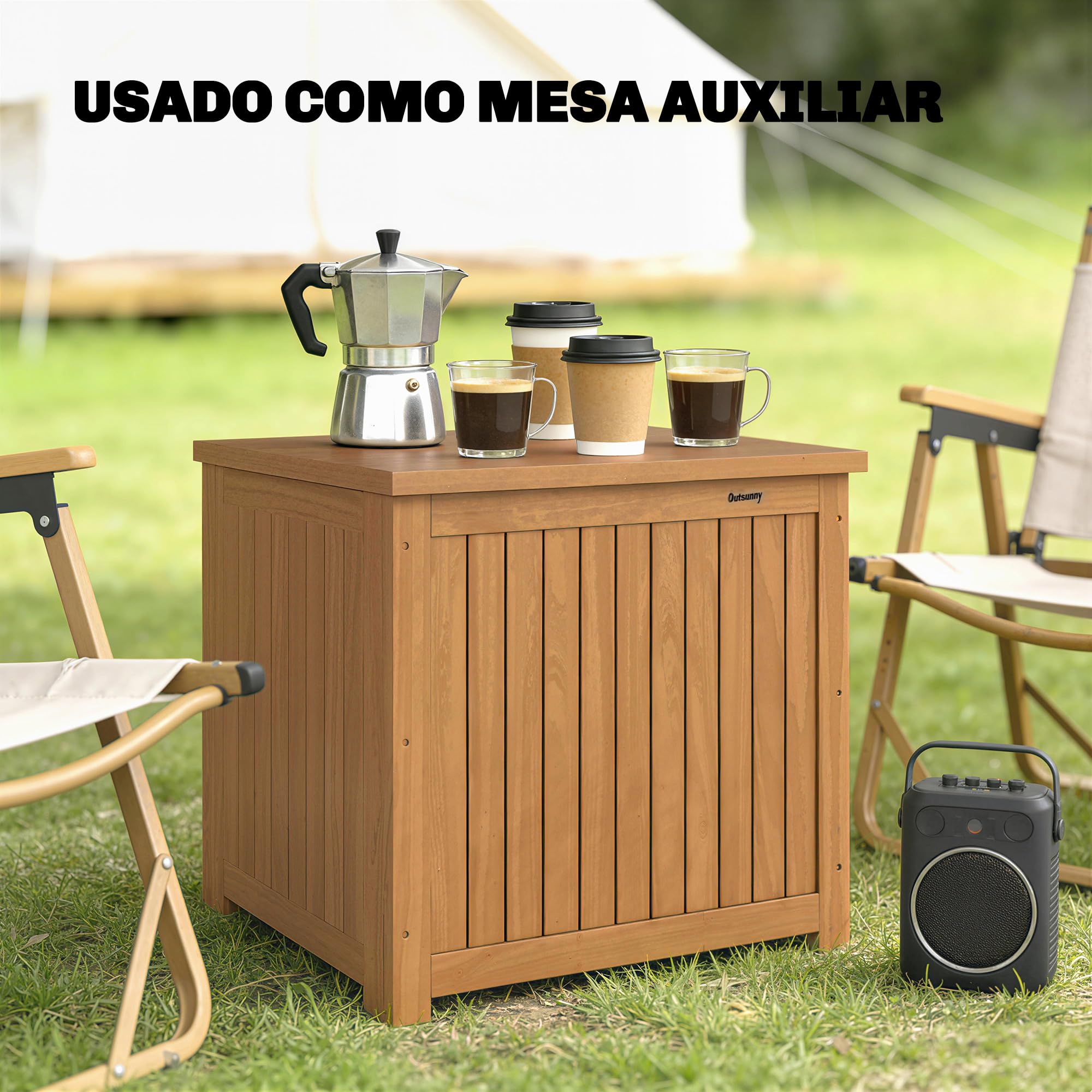 Outsunny Arcón Exterior de Madera 130L Impermeable 63x51x58,5 cm Marrón | Baúl Almacenaje Exterior con Forro, Tapa con Bisagras y Correa, Resistente a la Intemperie, para Jardín Terraza Patio