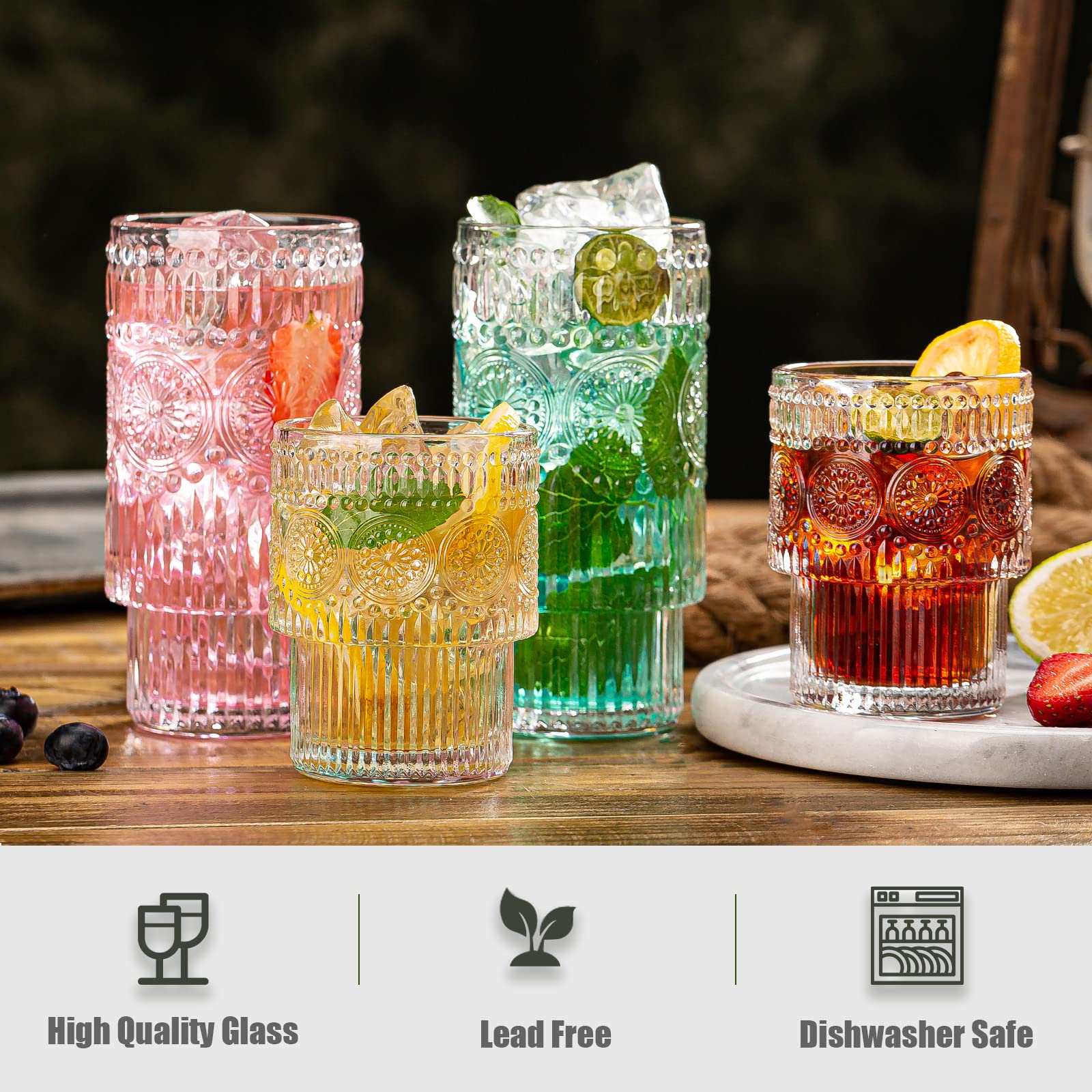 VasoArte 8-Piece Colored Glass Set - 4x 12oz Highball & 4x 10oz Rocks Glasses (Light Blue)