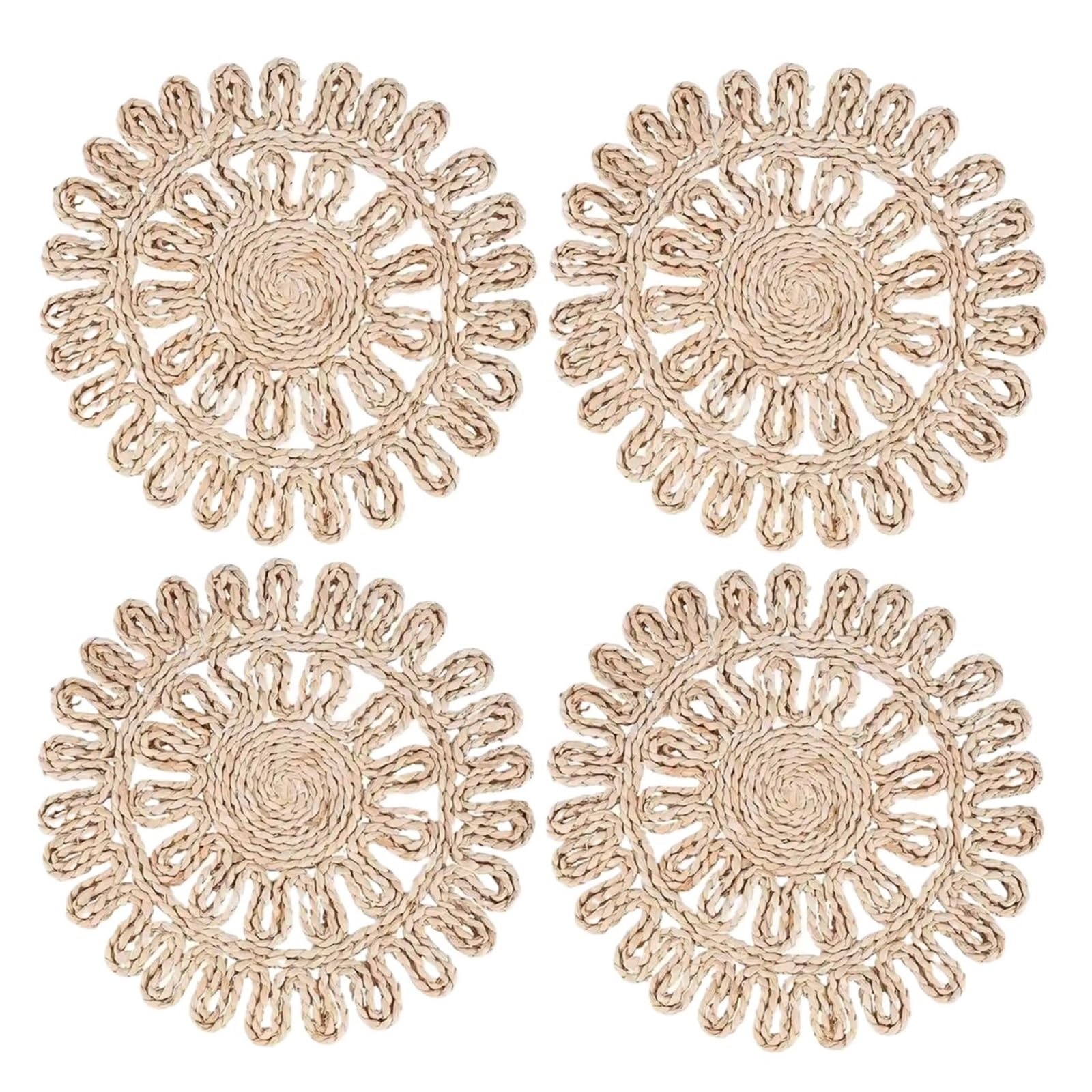 Rattan Placemats 4Pcs Round Woven Placemat For Dining Table,Natural Braided Rattan Tablemat Hollow Wicker Plates For Holiday Kitchen Mat