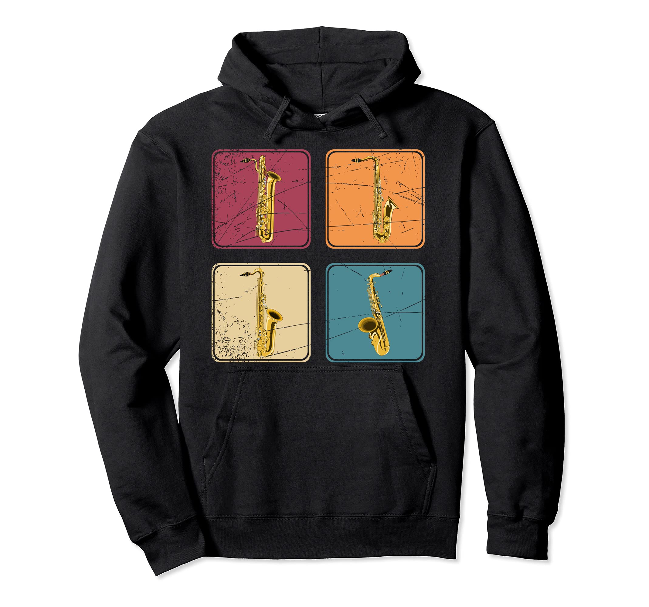 Retro Saxophonist Jazz Musical Instrument Pop Art Saxophone Pullover Hoodie, Black