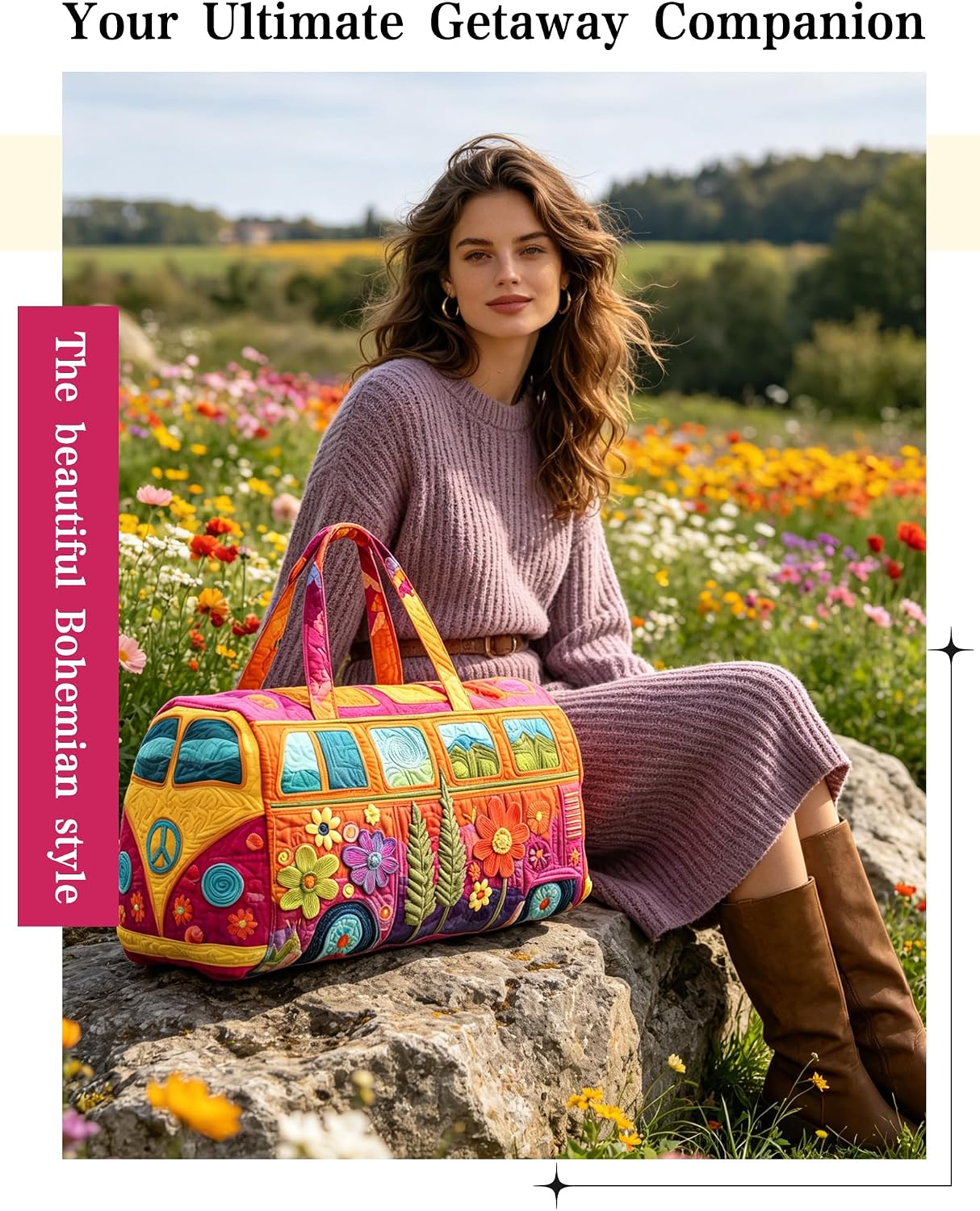 Unisex Boho Quilted Weekender Bag - Large Hippie Van Quilted Duffle Bag with 50 Pcs Boho Art Stickers - Lightweight Hippie Carry-on Luggage for Gym, Yoga, Weekend Trips (#C, 18"x9"x9")
