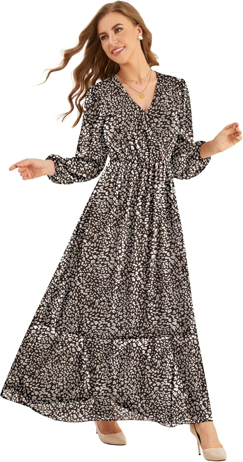 CYiNu Long Sleeve Maxi Dress for Women Chiffon V Neck Boho Floral Long Dress - Image 2