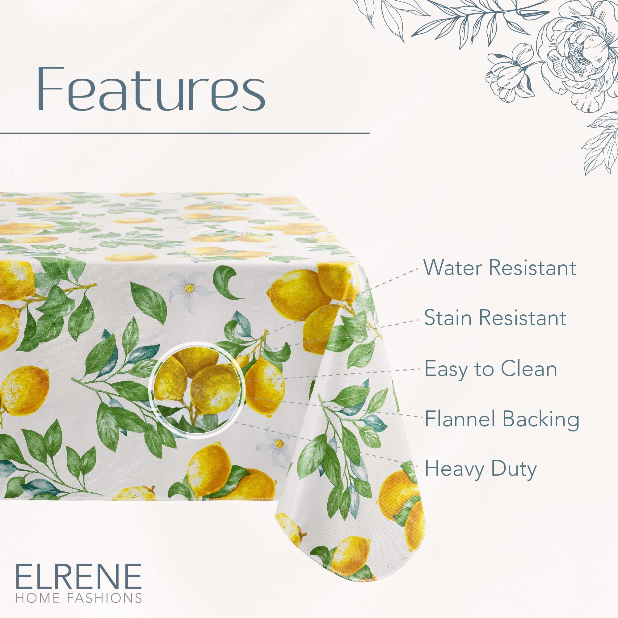 Elrene Home Fashions Vintage Lemon and Citrus Blooms Water- and Stain-Resistant Vinyl Tablecloth with Flannel Backing - Image 4