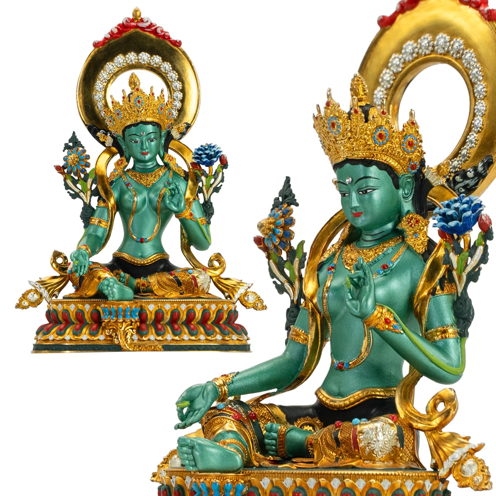 Buddha Statue Indoor Green Tara Buda Sculpture for Home Decor Hand-Painted Colored Buddhist Budda Nepalese Craft Handmade Tibetan