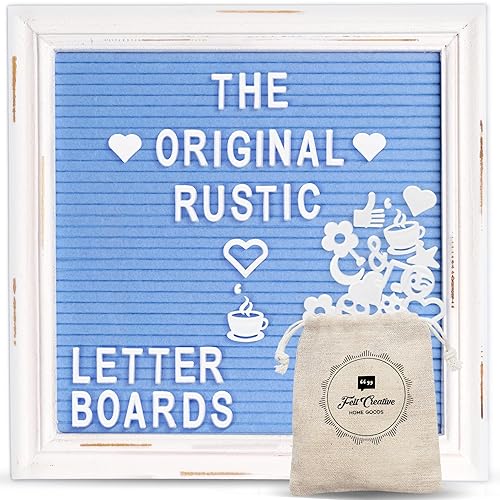 Blue Felt Letter Board Baby Announcement Sign with Rustic Wood White Frame - Rustic Farmhouse Letter Board Sign with Stand - 10x10 Felt Board Changeable Message Board with 350 Letter Set - Blue - 10x10 inches