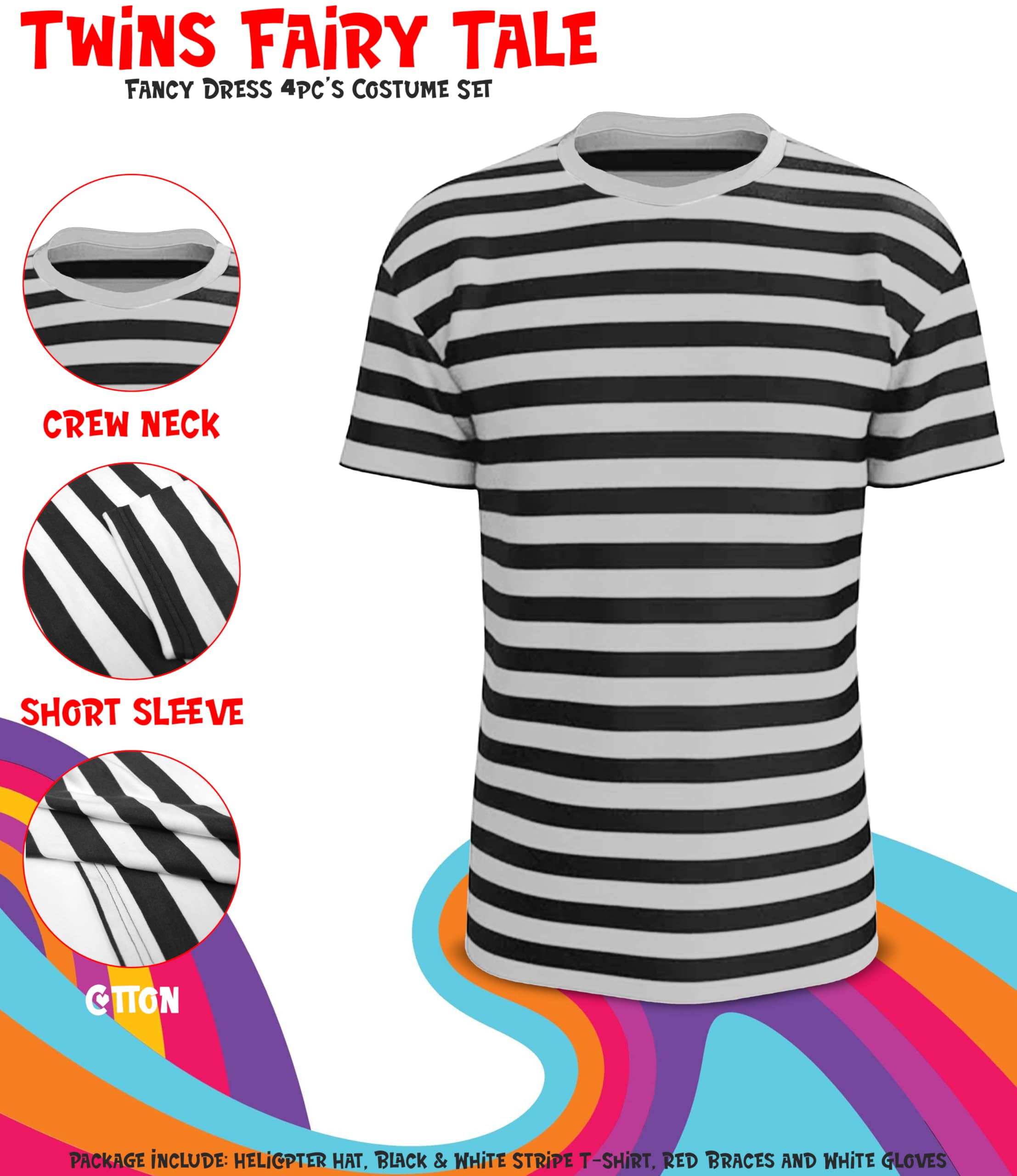 Mega_Jumble Alice in Wonderland Twins Fairy Tale Tweedle Dee or Dum Fancy Dress Costume Set, Black & White Stripe T-Shirt - Image 3