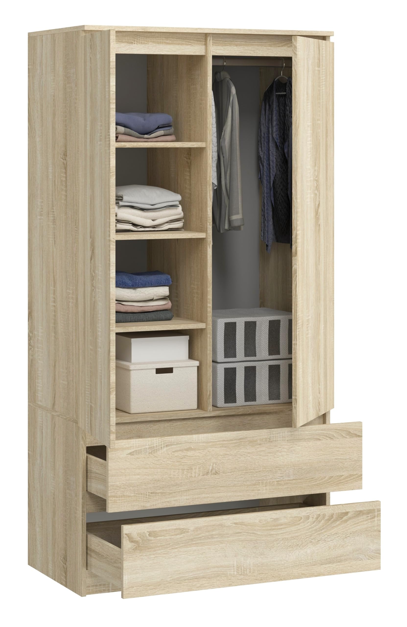Gran armario con 2 puertas, 2 cajones, 4 estantes y perchero - Armario multiusos - 180 x 90 x 50,5 cm - Sonoma