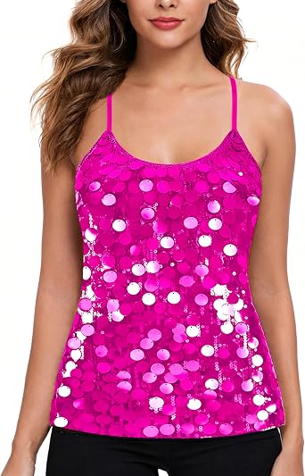 MANER Womens Sequin Tops Glitter Party Strappy Tank Top Sparkle Cami