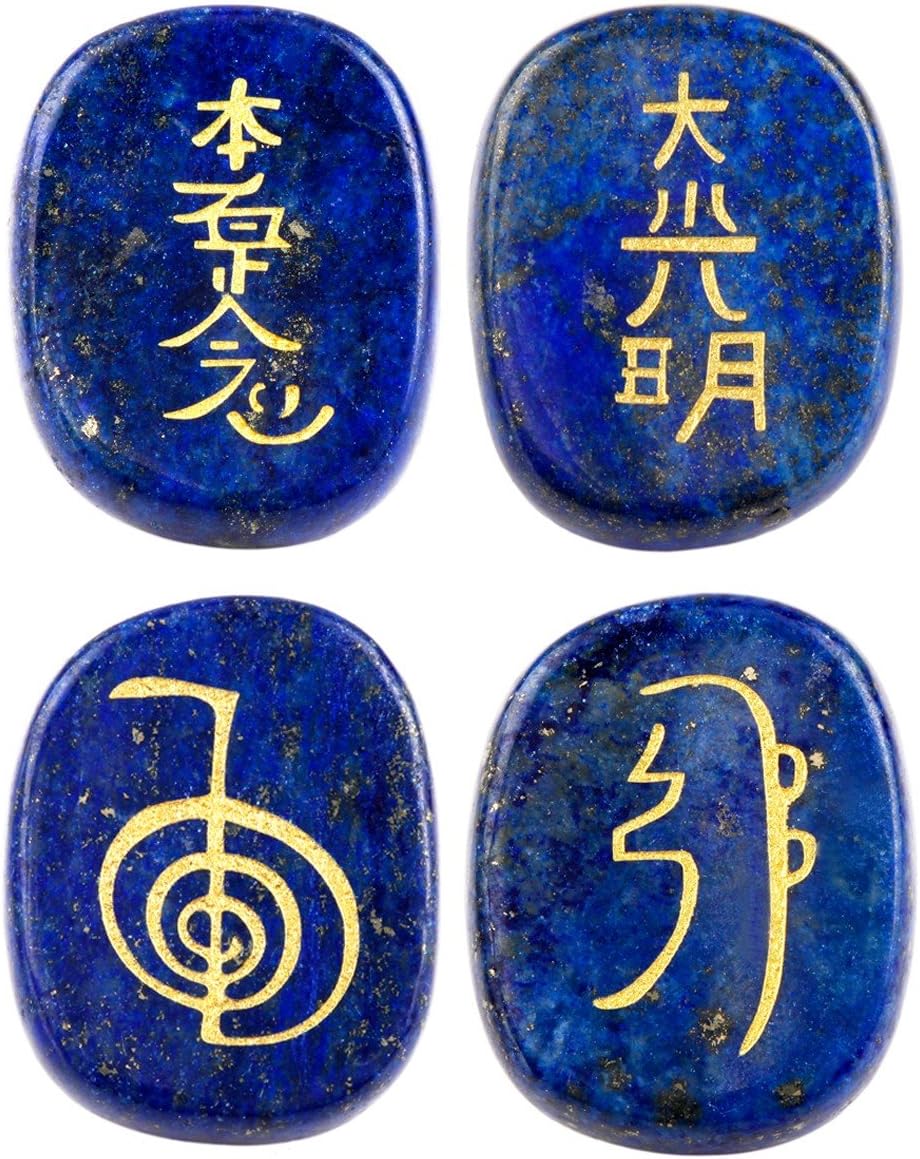 mookaitedecor 4 Piece Lapis Lazuli Stones Engraved Chakra Symbols Polished Palm Stones for Reiki Crystal Healing