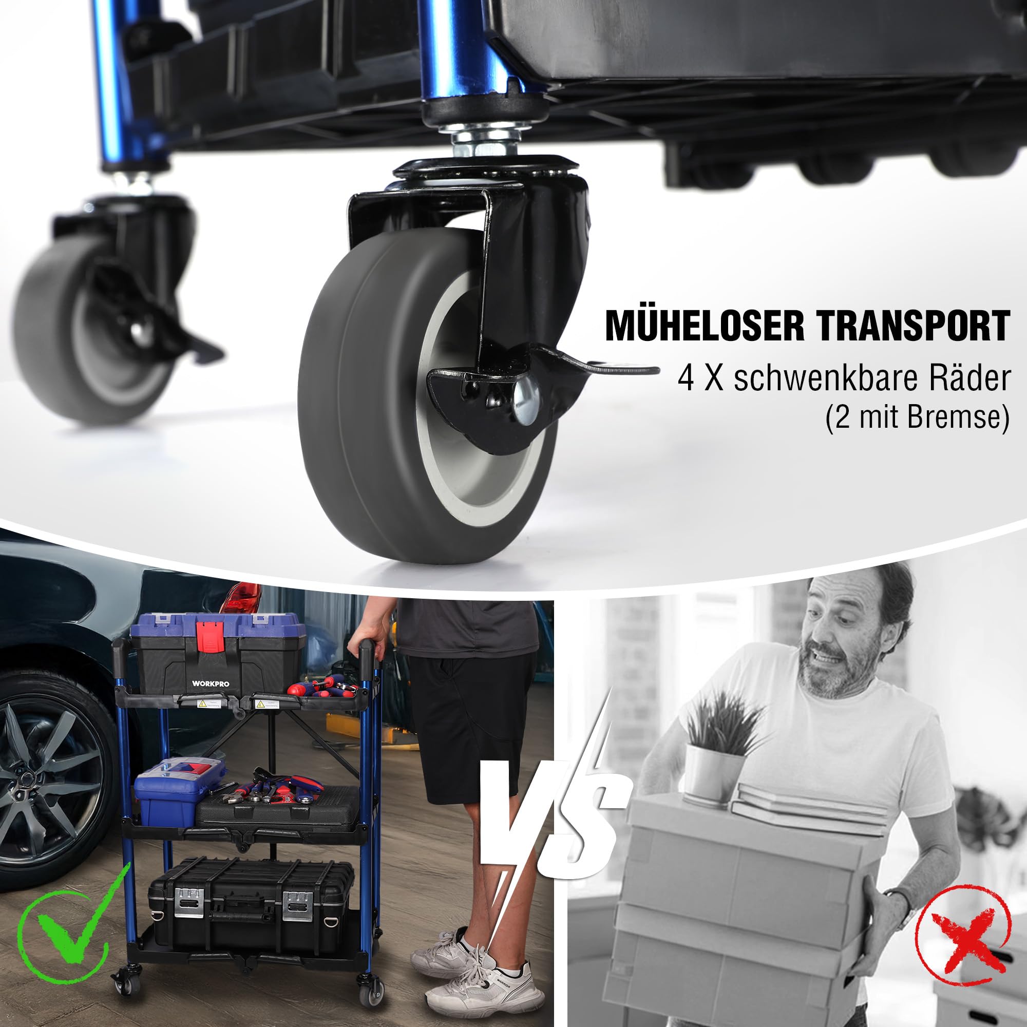 WORKPRO Servierwagen Klappbar mit Rollen, Faltbarer Rollwagen Beistellwagen 3 Etagen, Bis zu 96 kg Belastbar, Küchenwagen Transport Wagen für Werkstatt, Küche, Büro, Picknick