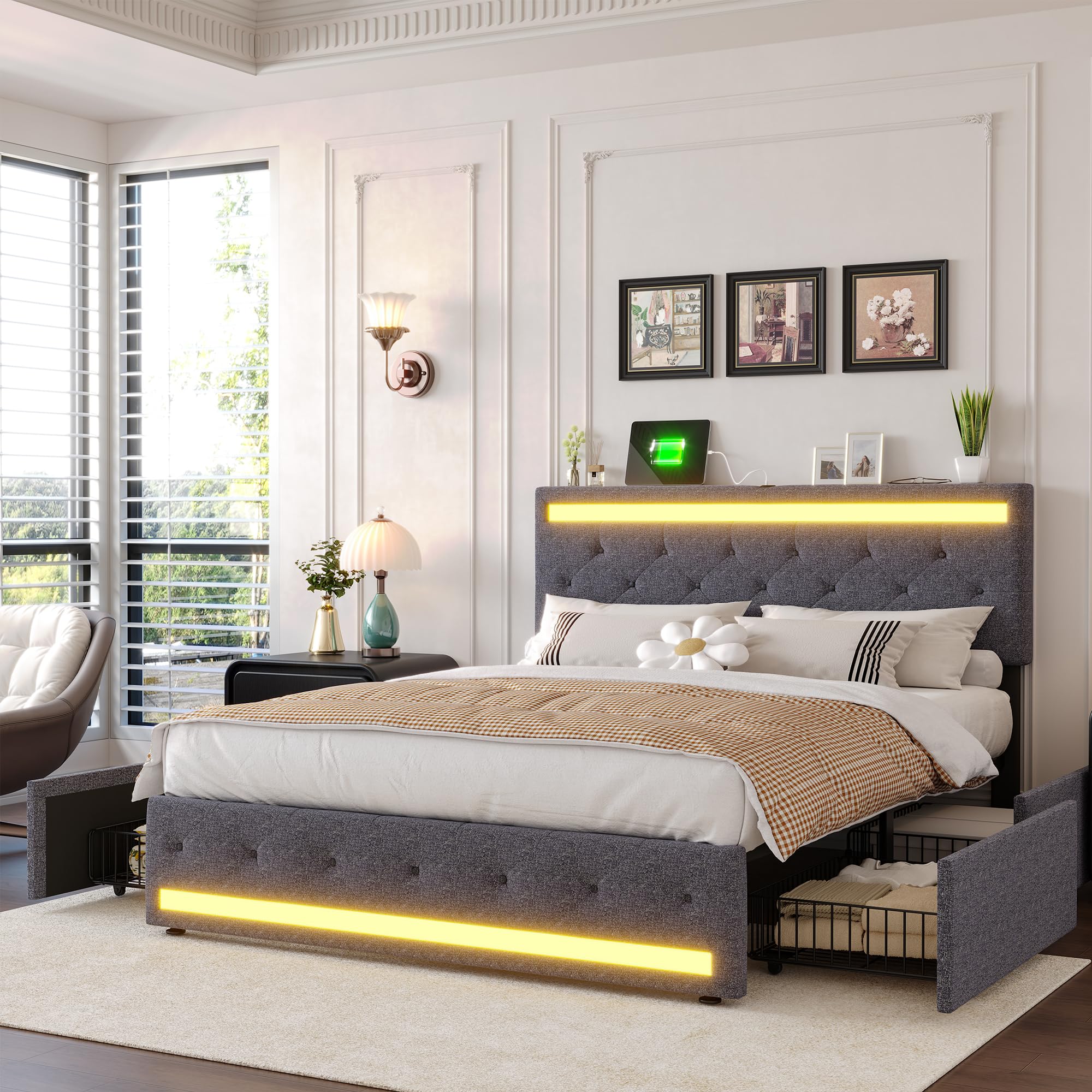 Letto matrimoniale rivestito 140 x 190 cm con 4 cassetti e stazione di ricarica USB, illuminazione a LED, telaio letto matrimoniale con rete e testiera (grigio scuro-B, 140 x 190 cm)