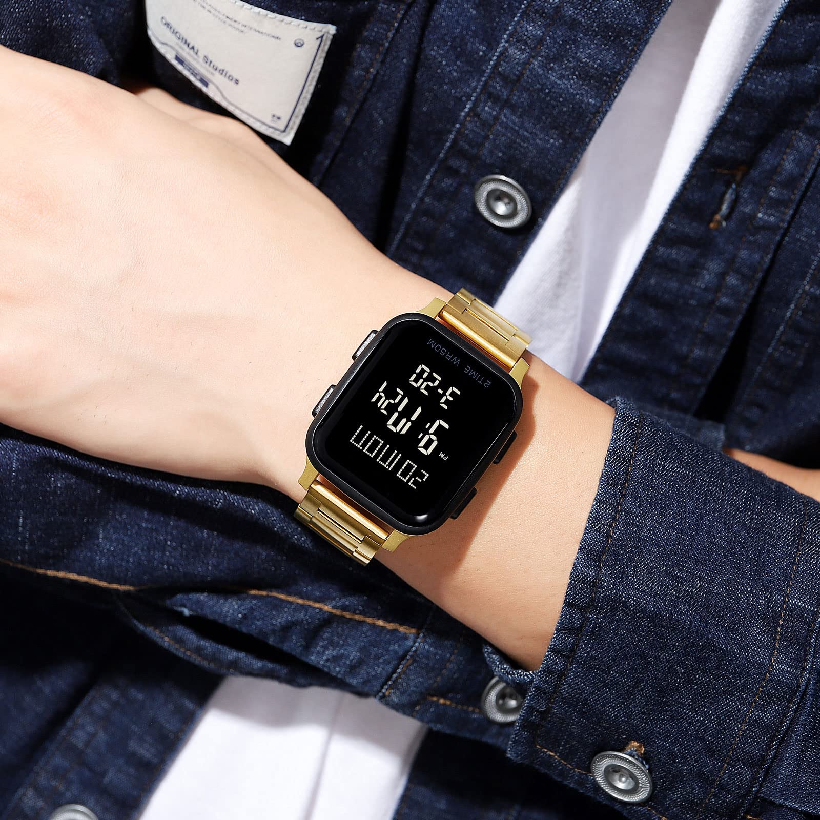 Orologio digitale da uomo in acciaio inox, digitale, 5 ATM, impermeabile, multifunzione, digitale, con sveglia, cronometro, calendario, LED, doppio tempo, cassa quadrata