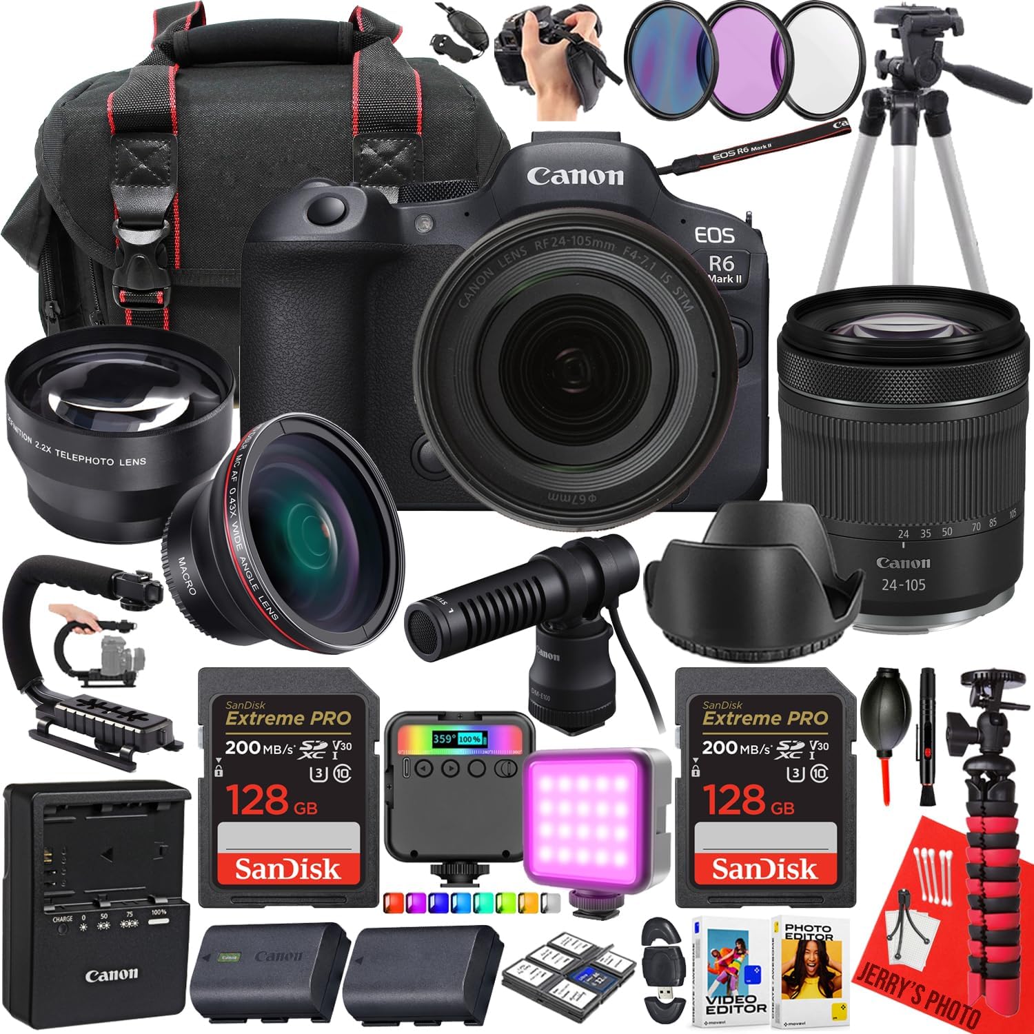 Canon EOS R6 Mark II Mirrorless Camera with Canon RF 24-105mm f/4-7.1 is STM Lens + 2pc 128 GB Memory + Canon DM-E100 Microphone + LED Light + More (27pc Bundle) (Renewed) Canon EOS R6 Mark II Mirrorless Camera with Canon RF 24-105mm f/4-7.1 is STM Lens + 2pc 128 GB Memory + Canon DM-E100 Microphone + LED Light + More (27pc Bundle) (Renewed)