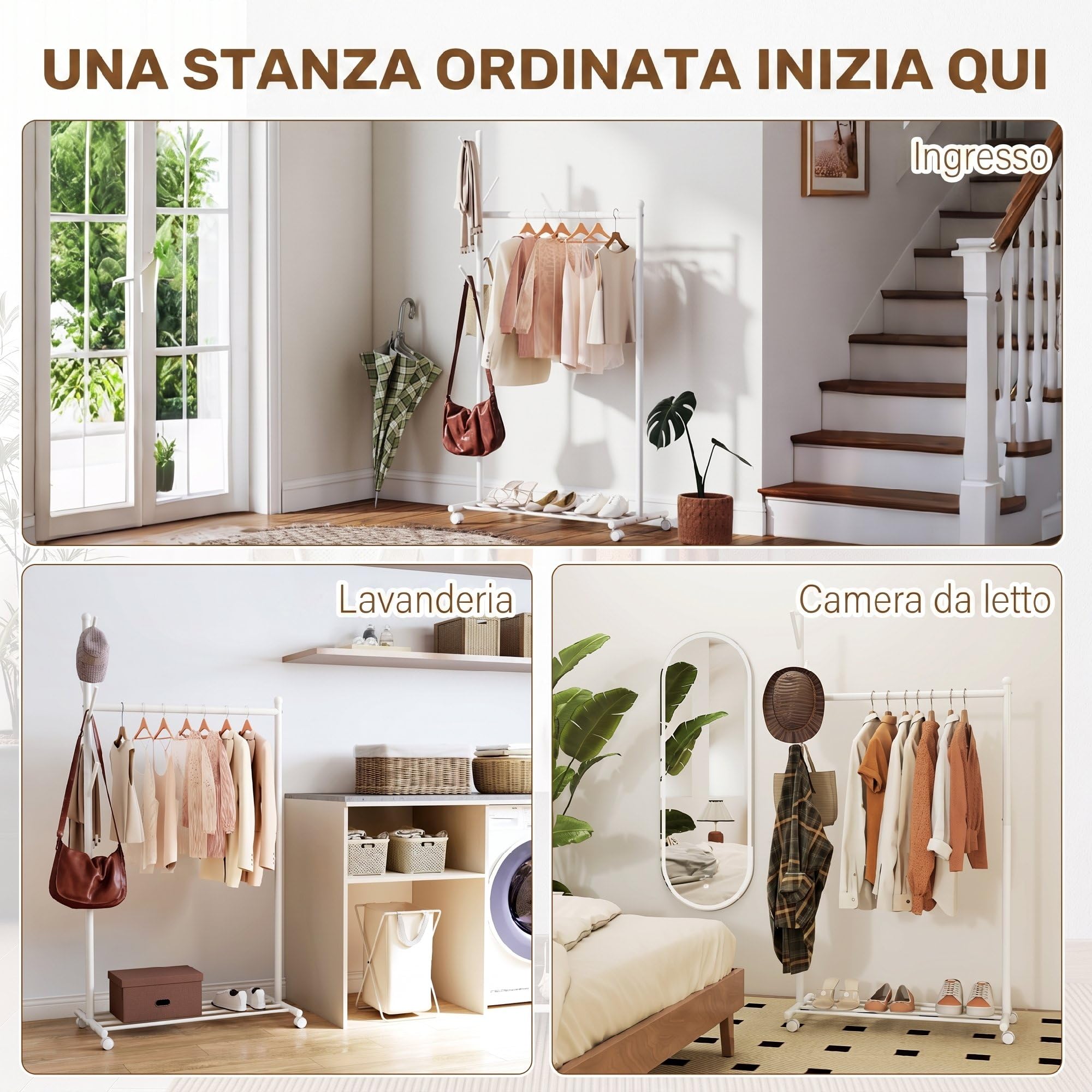 HOMCOM Appendiabiti da Terra con Ruote, 86x43x171 cm, Bianco