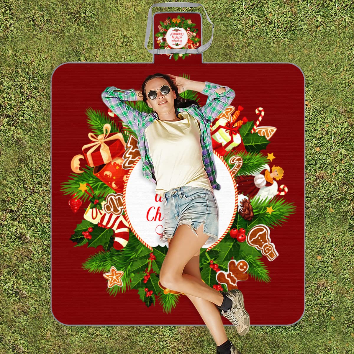 TropicalLife Natale Felice Picnic Coperta Inverno Natale Quadrato Impermeabile Pieghevole Indoor Outdoor Tappeti Mat per Spiaggia Campeggio Parco Famiglia Gathering Attività