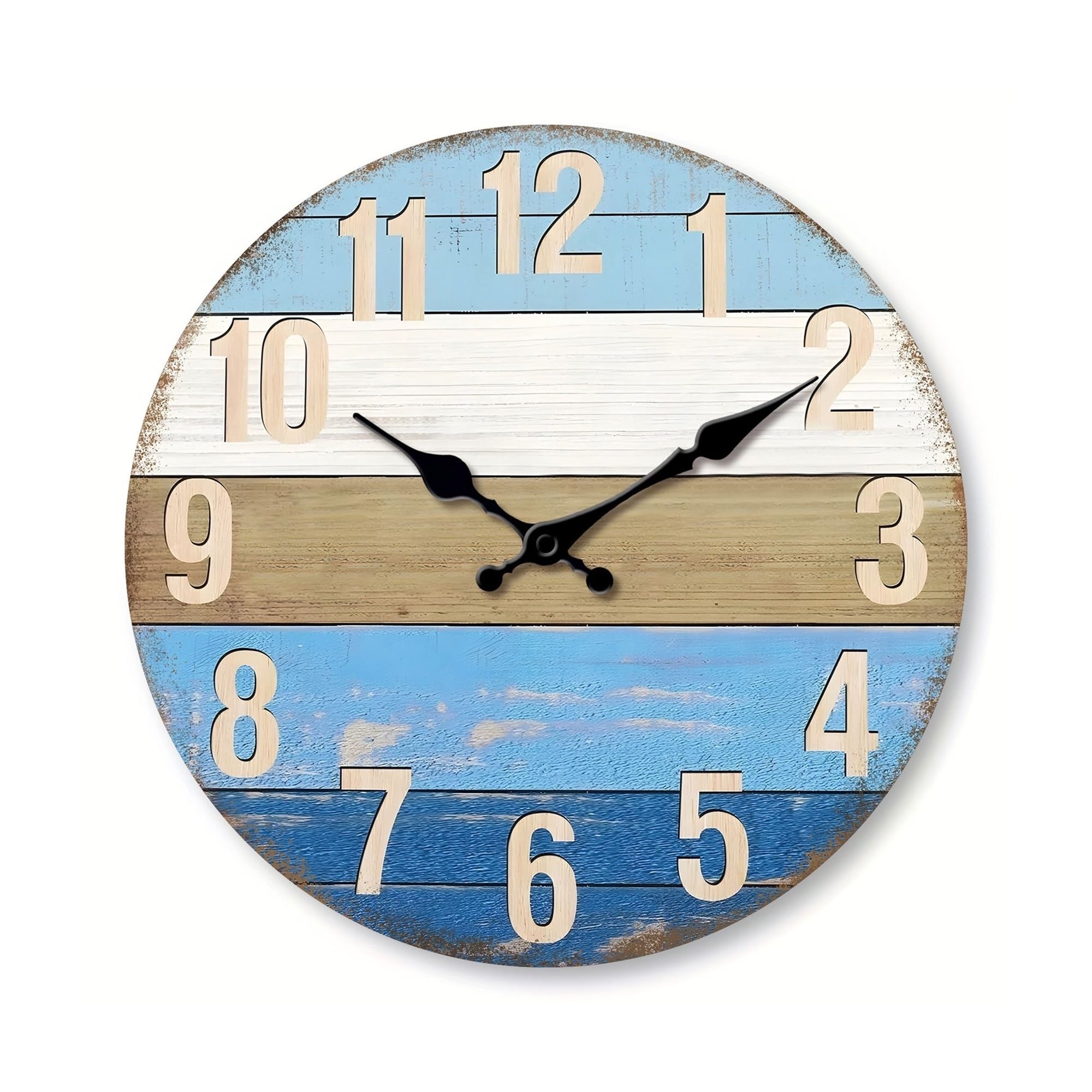 J9V4G6S3B5 Analogue Wall Clock 1 Piece Wooden Veneer Wall Clock Blue Wood Texture Design Silent Non-ticking Suitable for Living Room, Bedroom for Room Decoration(16 inch)