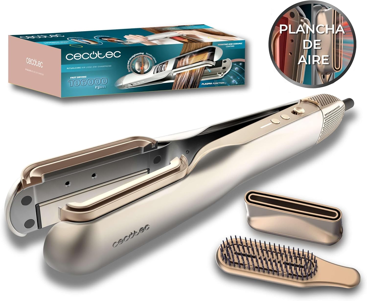 Cecotec Ritualcare Air Lisse 2-in-1 stijltang en haardroger, 1000 W, droog en glad, digitale motor, 106.000 omw/min, plasma, keramiek en keratine, hogedruksleuf, koude luchtknop