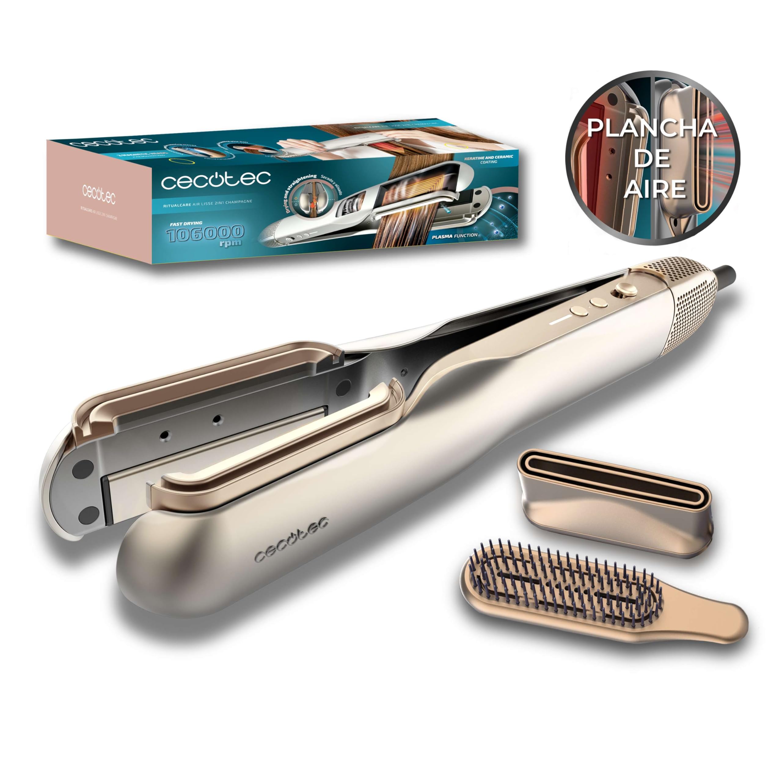 Cecotec Plancha de Pelo y Secador Ritualcare Air Lisse 2In1 Champagne. 1000W, Seca y Alisa, Motor Digital, 106000RPM, Plasma, Cerámica y Queratina, Ranura Alta Presión, Botón Aire Frío