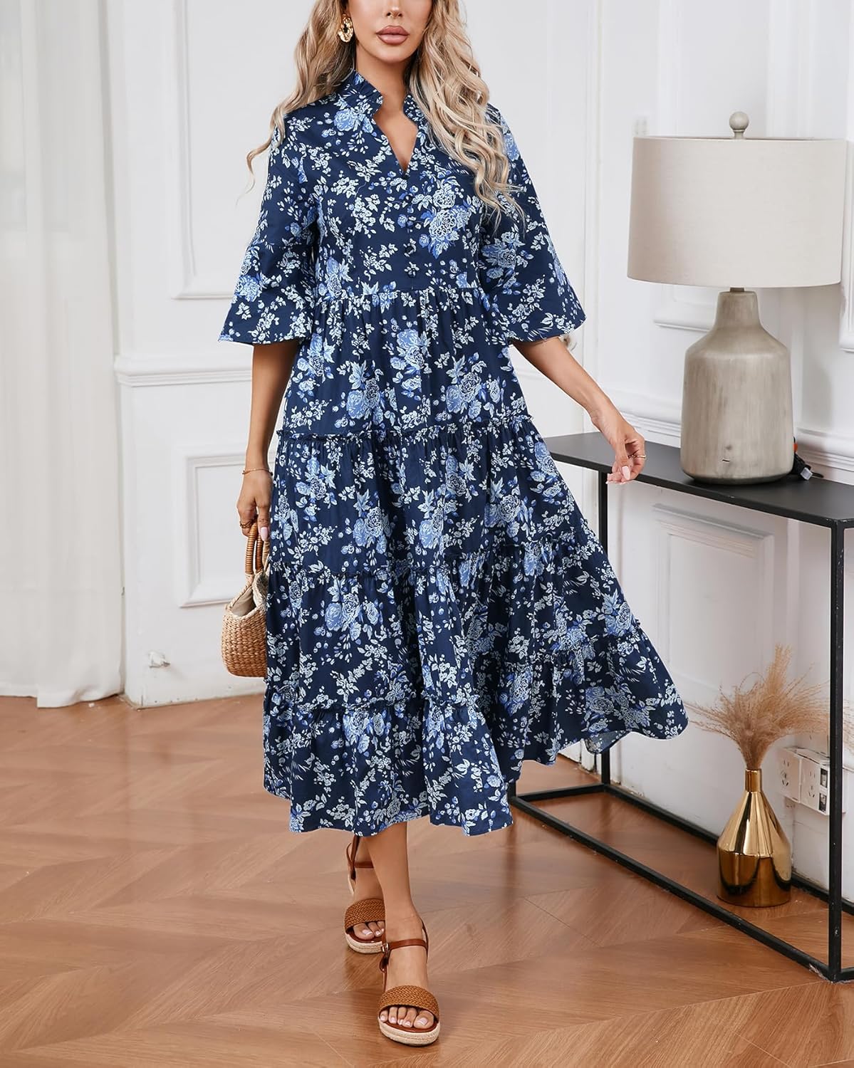 Women's Floral Ruffle Midi Dress V Neck Bell Sleeve Flowy Tiered Long Dress - Image 7