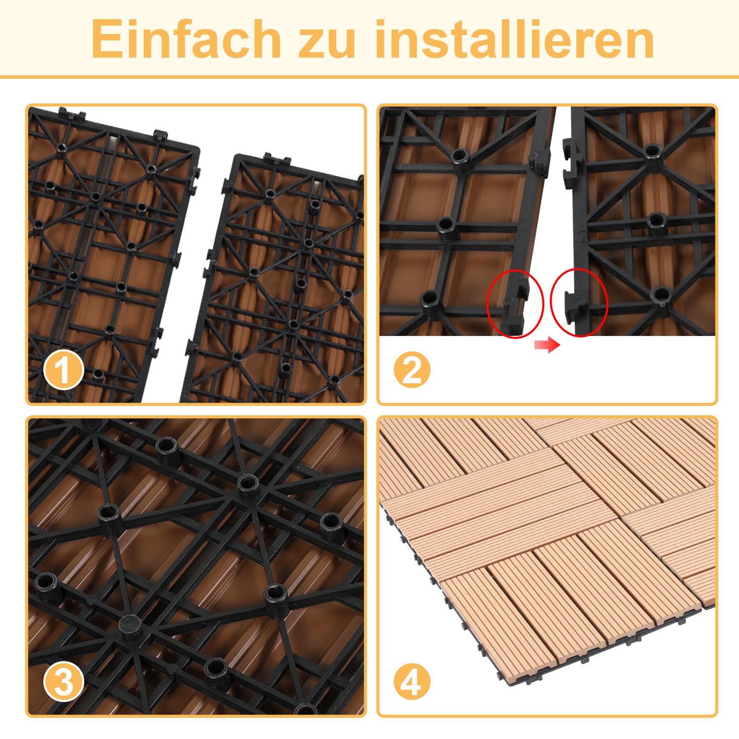 Płytki tarasowe WPC 30 x 30 cm, w kolorze tekowym, 55 sztuk (5 m²) z systemem zatrzaskowym, nadają się do wody, płytki o wyglądzie drewna, na balkon i taras, łatwe do ułożenia (WPC, płytki na