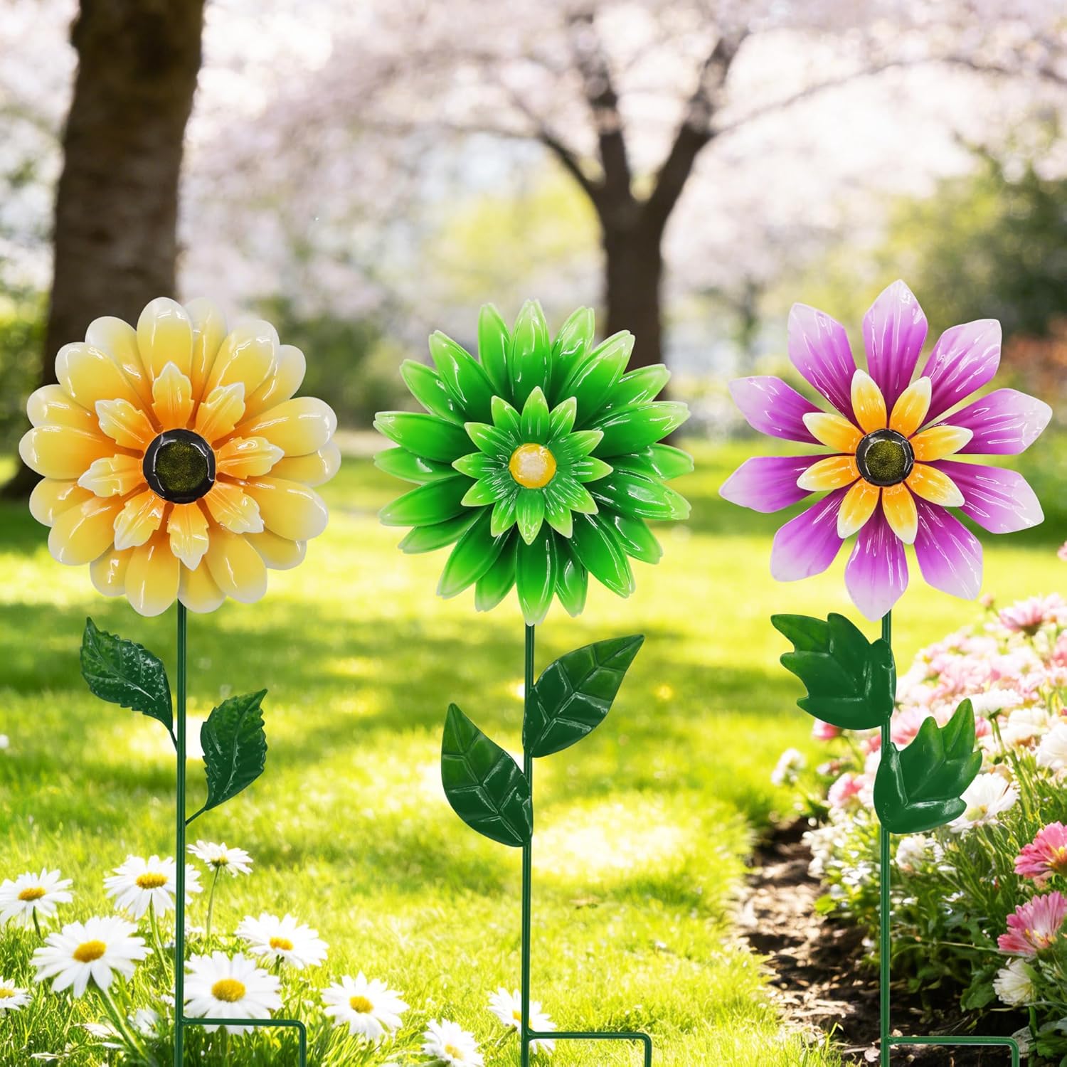 3 Pack Metal Flower Wind Spinners, Kinetic Garden Stakes with H-Base, Colorful 3D Floral Windmills for Yard, Patio, Lawn, and Pathway Decor (Yellow, Green, Purple)