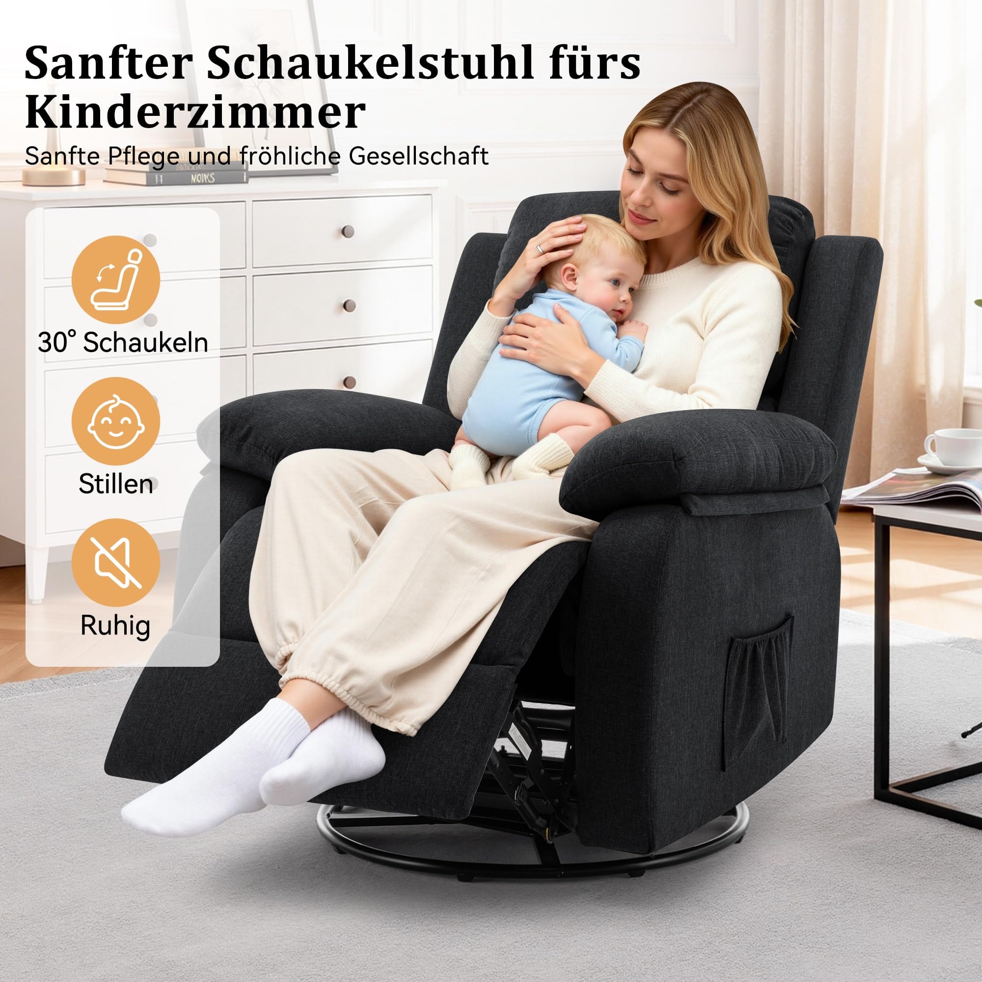 Korser Relaxsessel mit liegefunktion, 360° Drehbarer Massagesessel mit Wärmefunktion & Schaukelfunktion, Kompakter Manuell Verstellbarer Liegesessel, Gepolsterter Fernsehsessel für Wohnzimmer