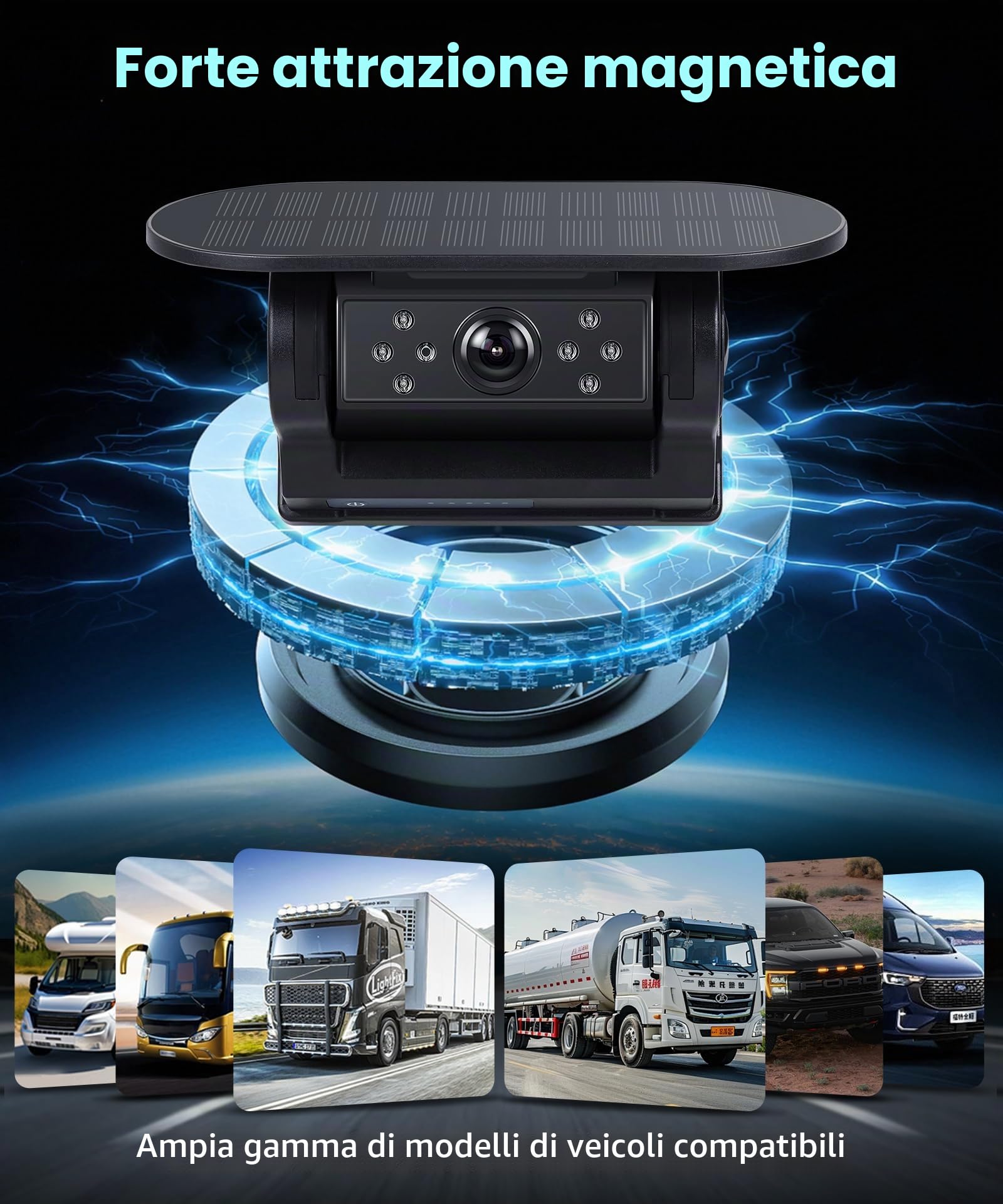 VECHTEL Telecamera per retromarcia senza fili, a energia solare, per retromarcia, con batteria da 10000 mAh, supporta IP68, impermeabile, visione notturna, super grandangolo, per roulotte, camion