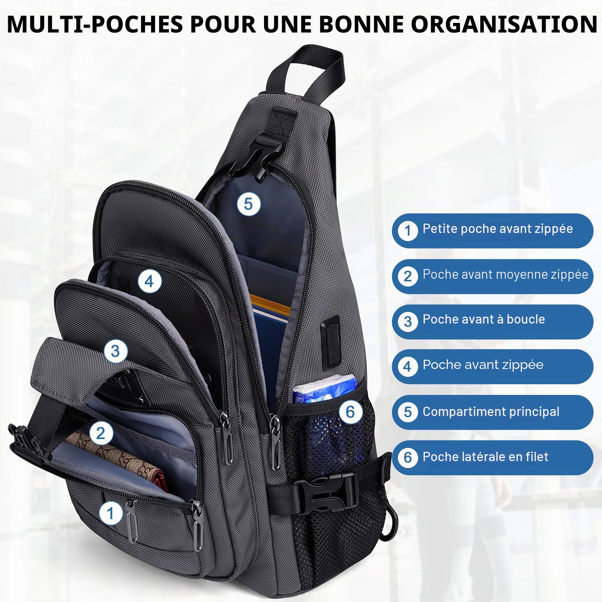 WITZMAN Sac Bandoulière Homme, Sac Poitrine Décontracté Port Charge USB | Sacoche 19L Étanche Multi-Poches Compatible iPad 9,7 Pouces, Pour Randonnée, Quotidien, Extérieur Et Travail, Gris