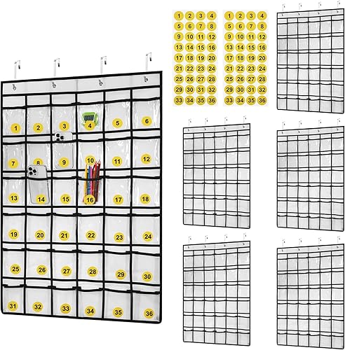 Berlune 6 unidades de 36 bolsillos para el aula para teléfonos celulares, organizador de bolsillo transparente con calcomanías de números para
