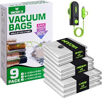 Travel Vacuum Bags with USB & TYPE C Pump, 9 Pack Carry-On Vacuum Storage Bags for Luggage & Suitcase, Vacuum Luggage Bags, Space Saver for Clothes & TravelGreen
