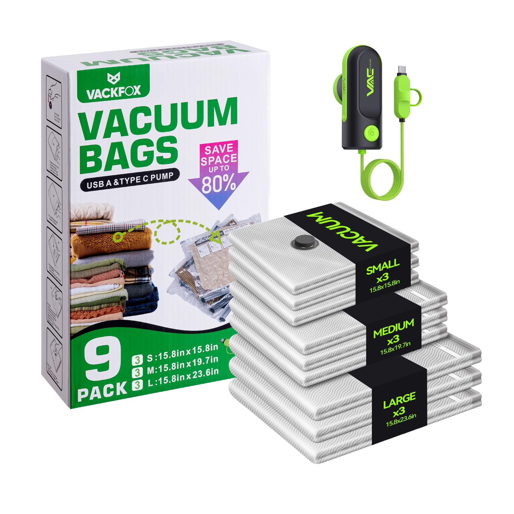 VACKFOX Travel Vacuum Bags with USB & TYPE C Pump, 9 Pack Carry-On Vacuum Storage Bags for Luggage & Suitcase, Vacuum Luggage Bags, Space Saver for Clothes & Travel(Green)