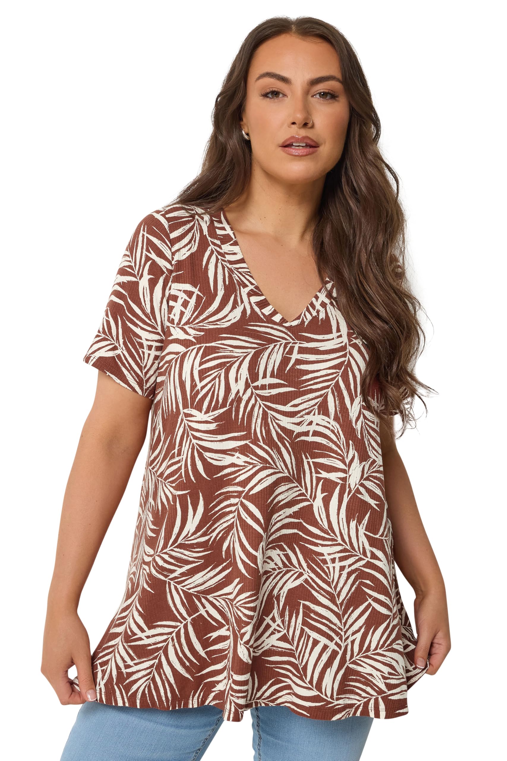 Yours Women's Brown Palm Leaf Swing Top In Size 34-36