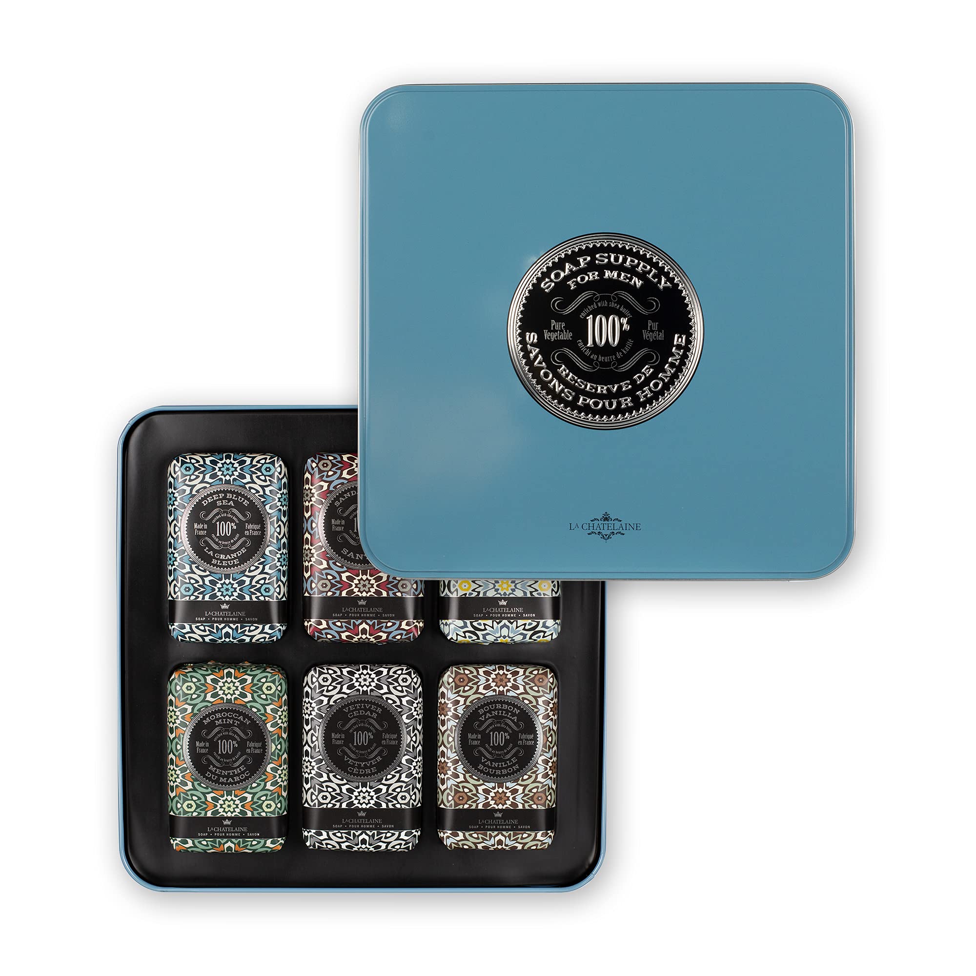 La Chatelaine Bar Soap for Men, Vegan, Natural and Organic Shea Butter Soap Bars, Father's Day Tin Gift Set, Triple Milled, Made in France, 8.8 oz (Pack of 6) - Slate Blue