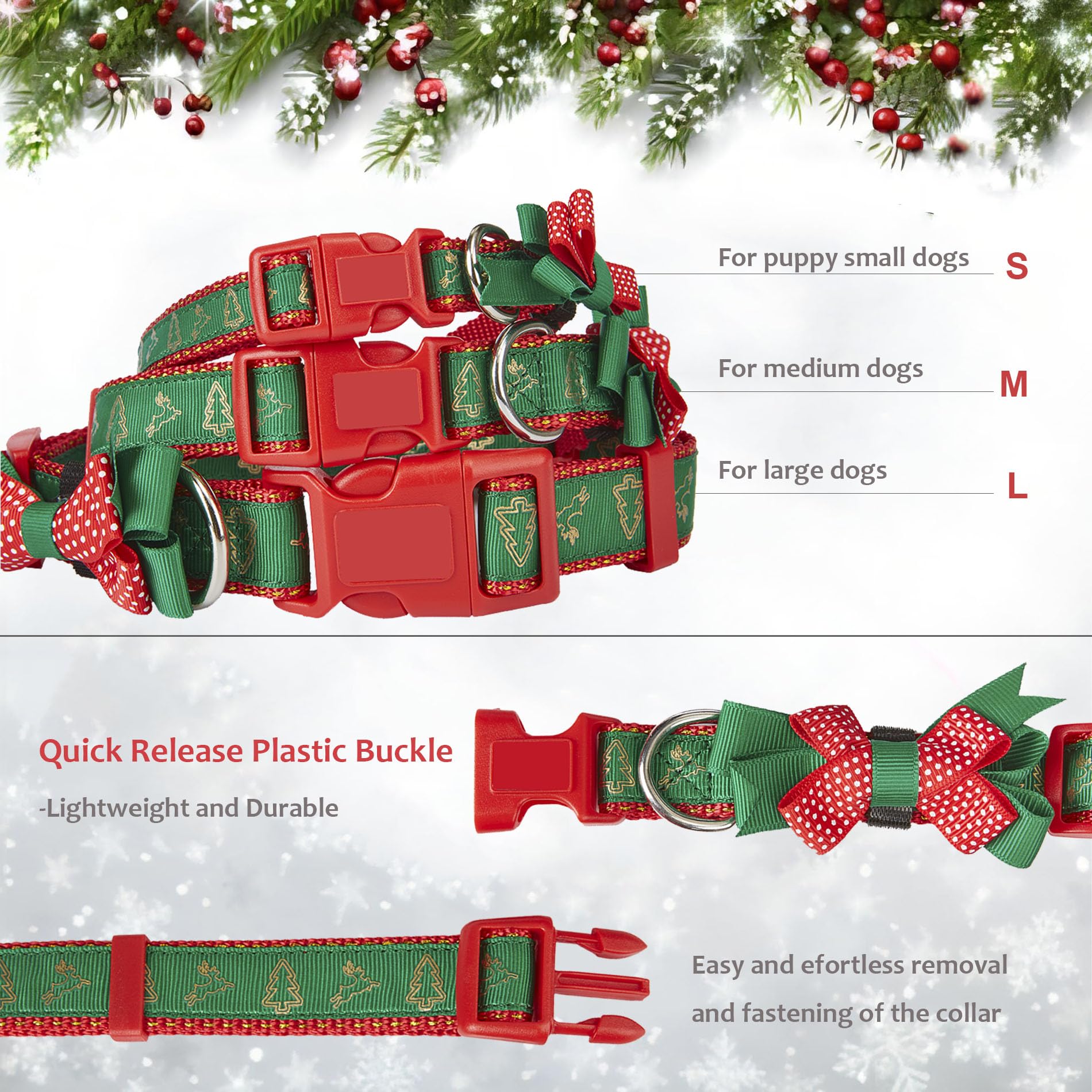 Petiry Festive Christmas Dog Collar with Bow and Reindeer Print,Green Large Dog Collars Neck 40-63cm,Tree - Image 4
