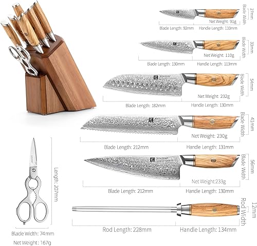 Miniatura 3 de XINZUO Juego de 8 piezas de cuchillos de 73 capas de acero en polvo de damasco profesional para cocina mango de madera de olivo con bloque de madera
