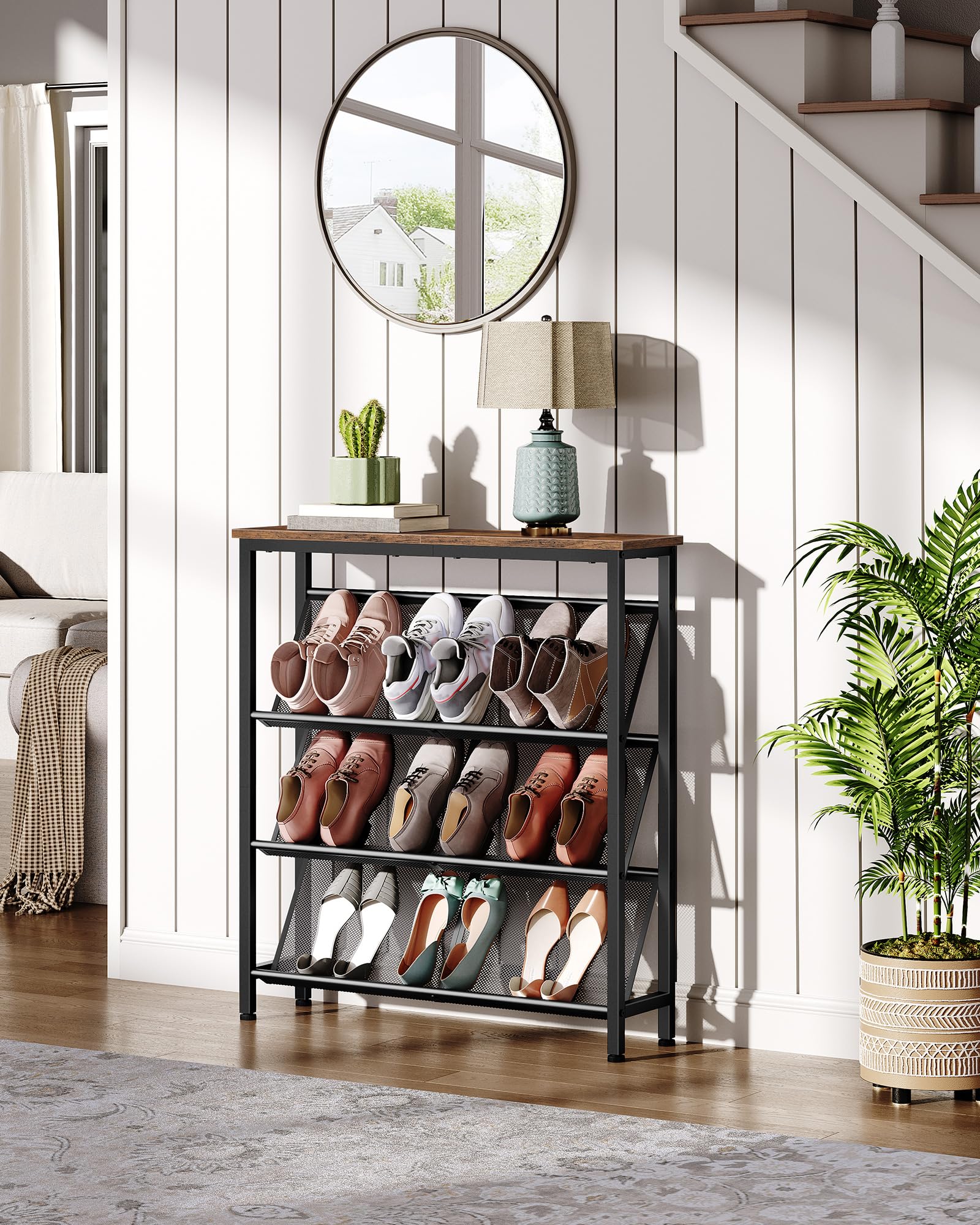CHOEZON Schuhregal, 4-stufige Schuhablage, Schuhschrank schmal, Schuhständer, Schuhaufbewahrung, Schuh-Organizer, platzsparend, für Eingangsbereich, Garderobe, Flur, Vintagebraun und Schwarz DTXJ75BF