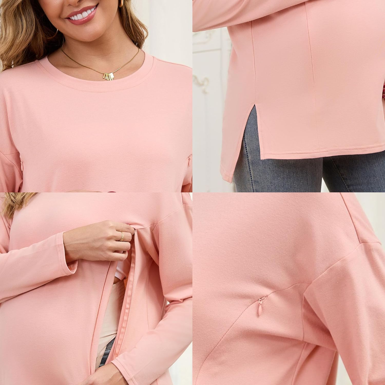 Women's Nursing Shirts Long Sleeve with Hidden Zipper Oversized Breastfeeding Tops Side Split Maternity Blouse - Image 6