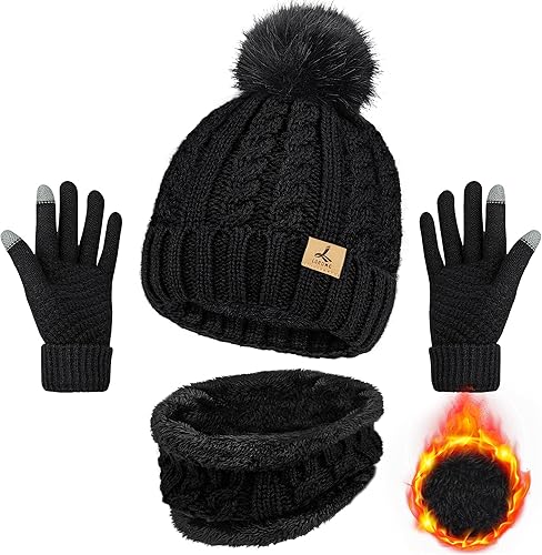 Winter Beanie Hat Scarf Gloves Set, Soft Fleece Knit Hat Warm Touchscreen Gloves Neck Warmer Thick Scarves Gifts for Women