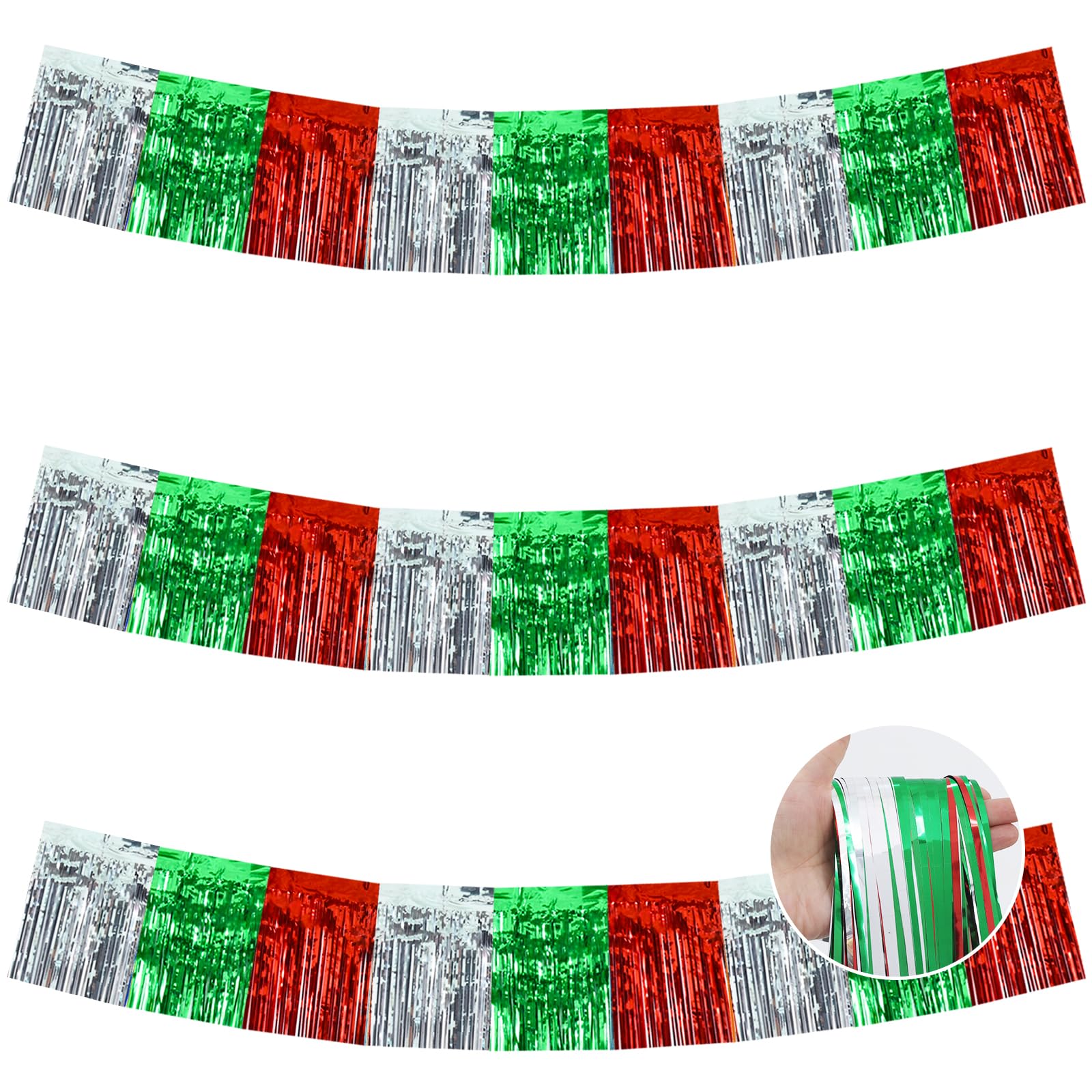 BEISHIDA 3Pack Red Green Silver Foil Fringe Garland 30ft Wall Tinsel Banner