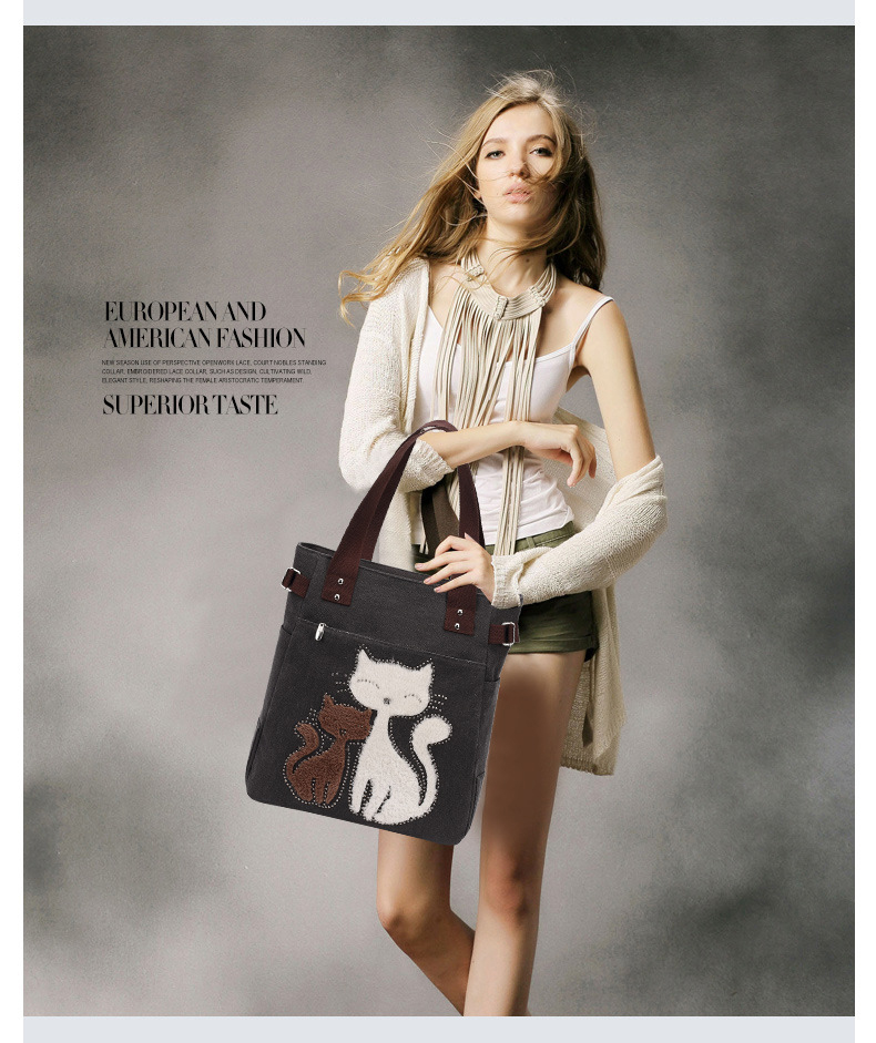 Bolso de lona Valentoria para mujer con bordado de gato miniatura 7